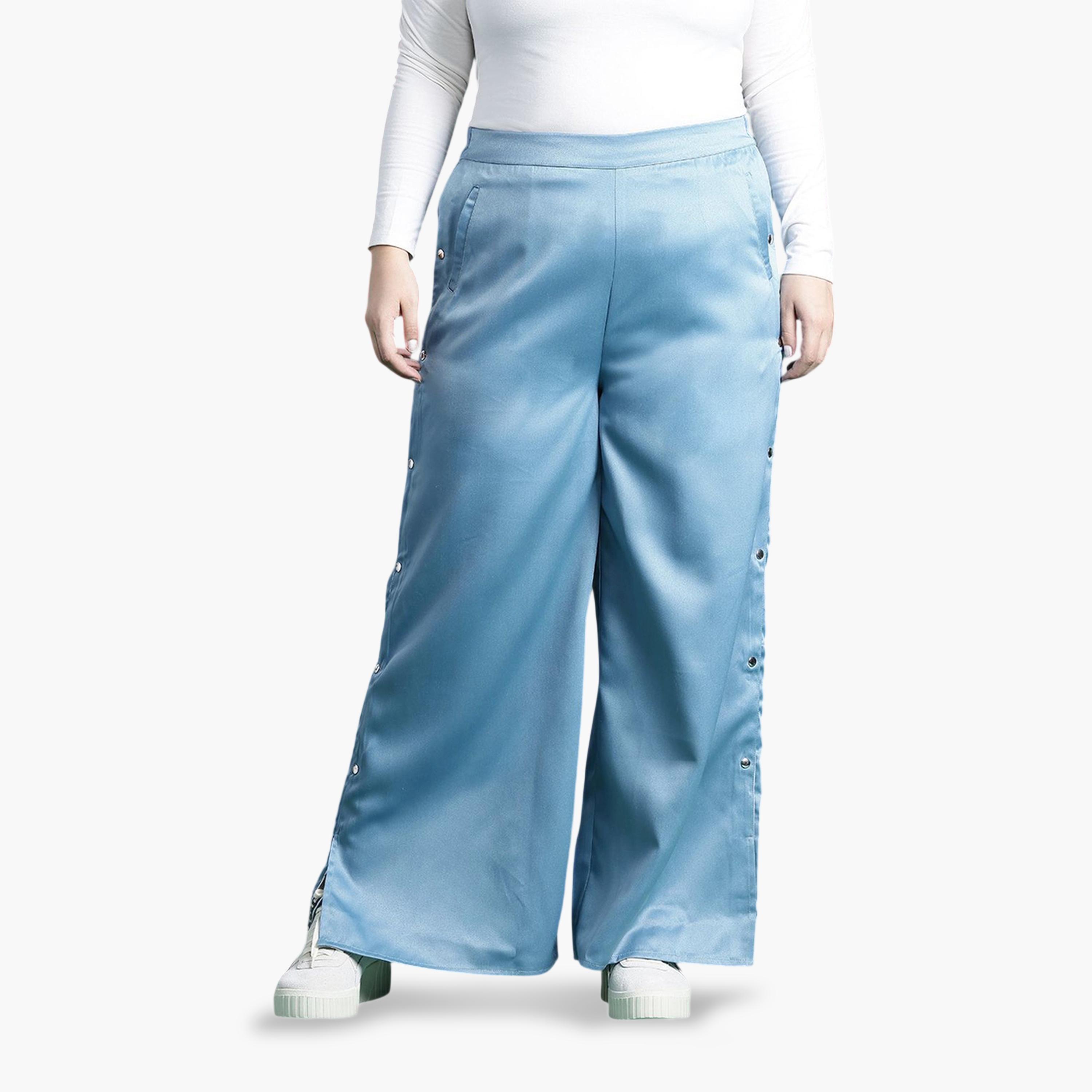 بنطال ساتان بأرجل واسعة بتفاصيل أزرار ومقاسات كبيرة أزرق-women-clothing-plussize-joggers-image-1