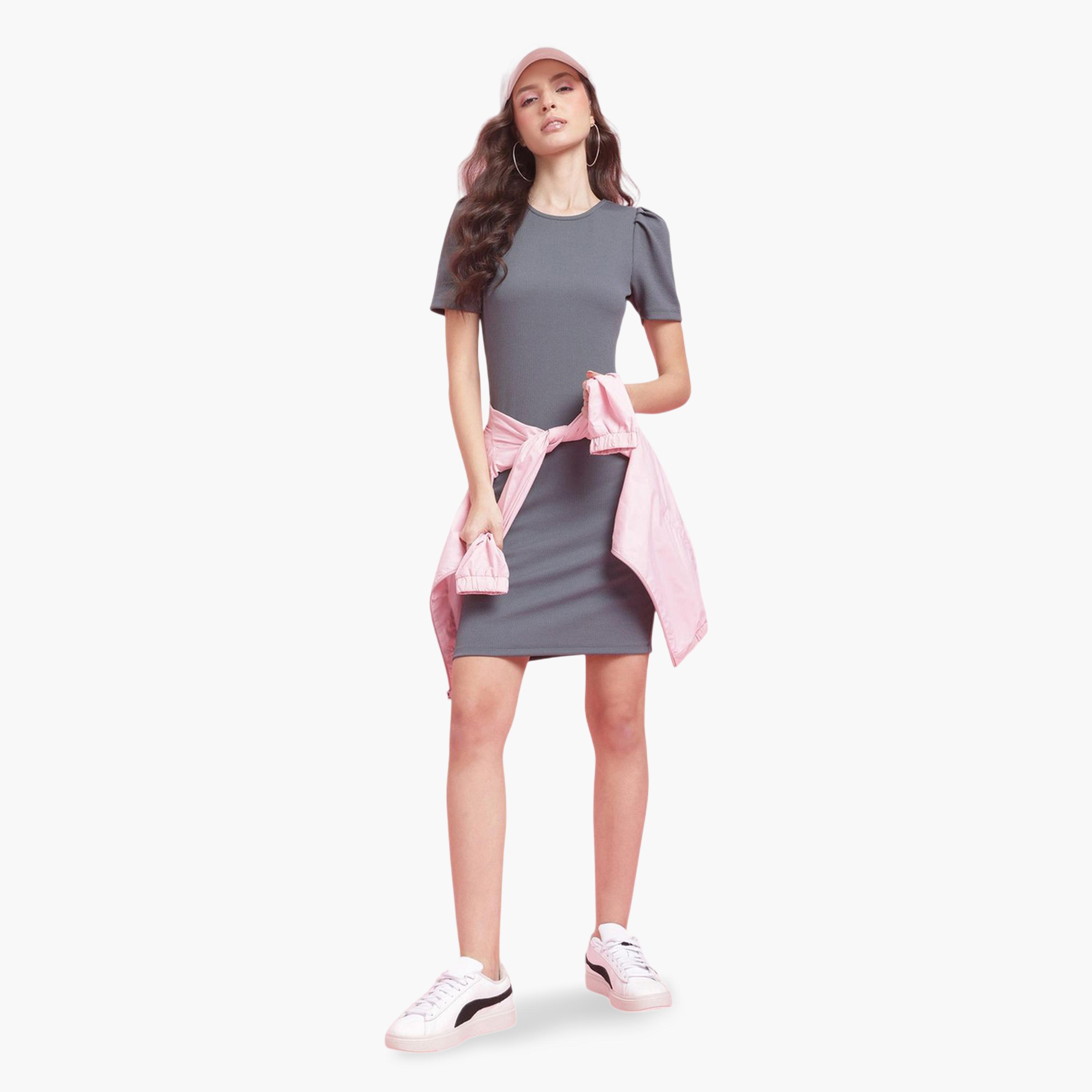 DressBerry X Styli Grey Plain Bodycon Knee-Length Party Dress with Short Sleeves-women-clothing-dresses-image-2