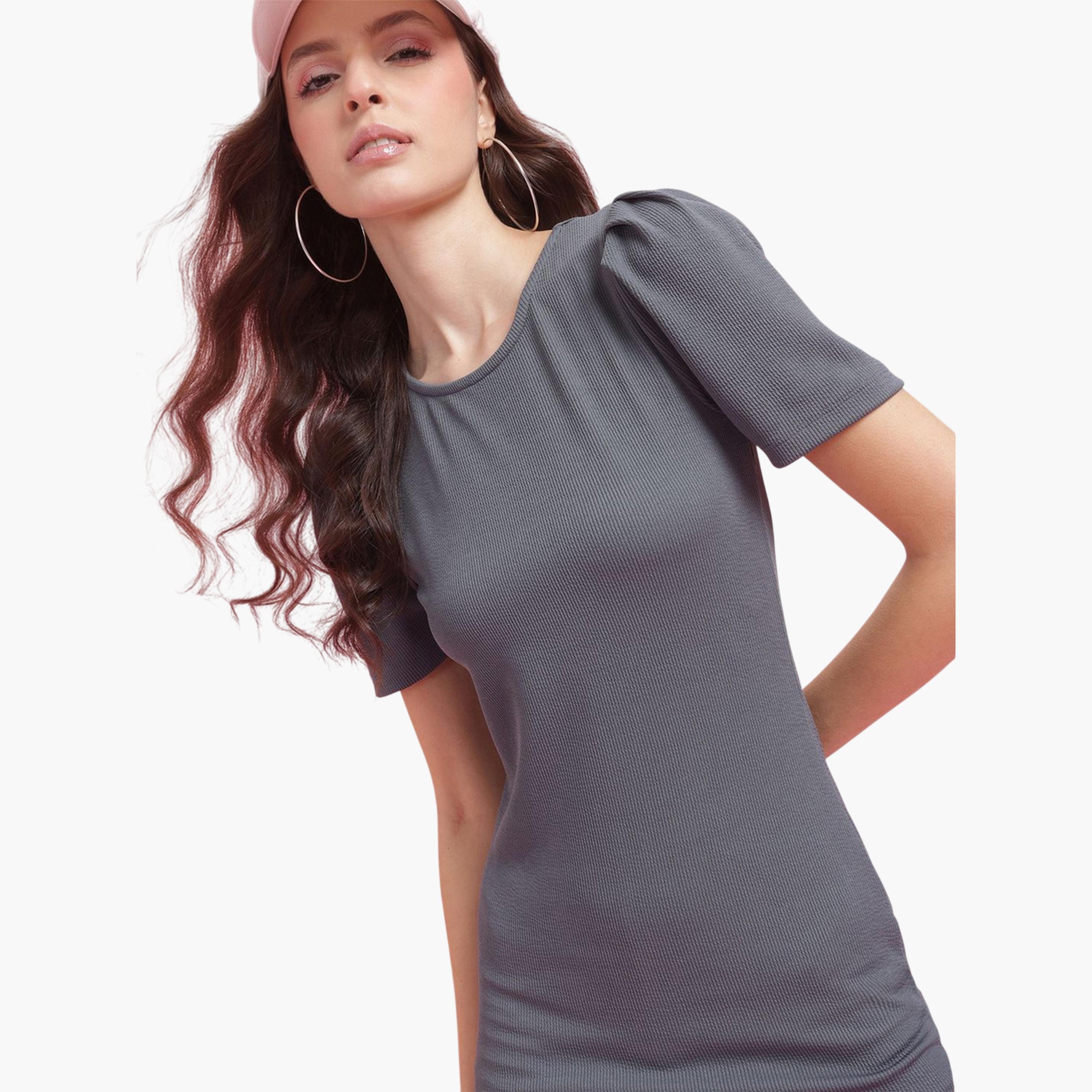 DressBerry X Styli Grey Plain Bodycon Knee-Length Party Dress with Short Sleeves-women-clothing-dresses-image-3