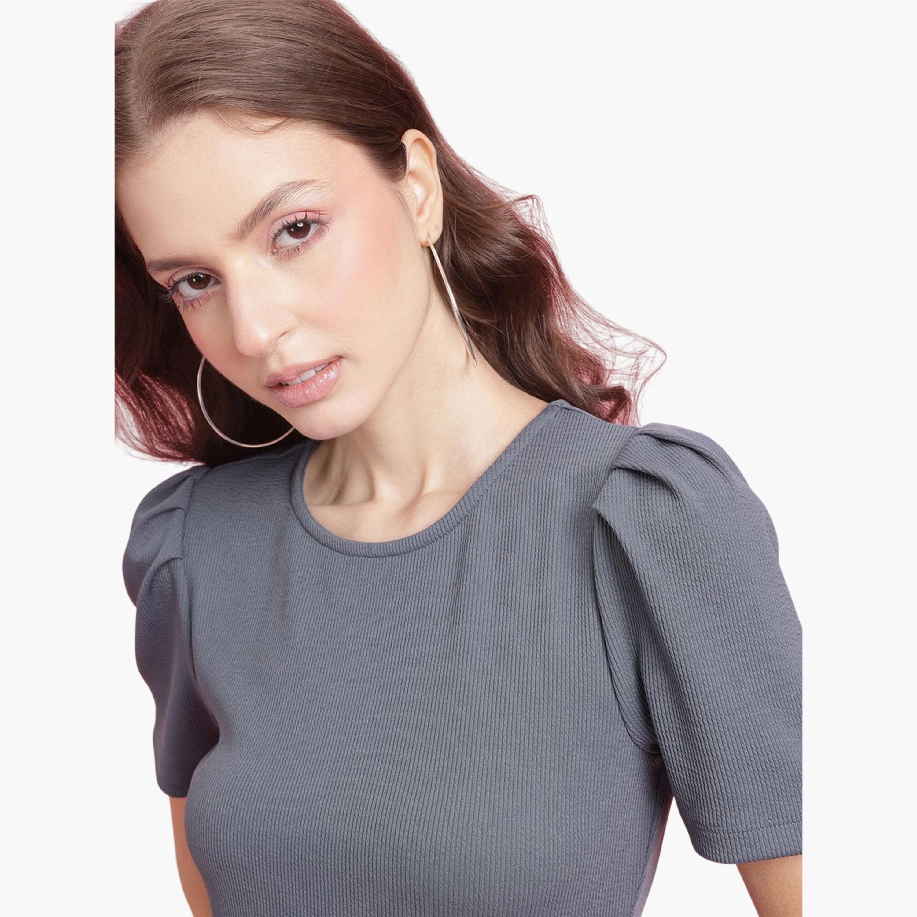 DressBerry X Styli Grey Plain Bodycon Knee-Length Party Dress with Short Sleeves-women-clothing-dresses-image-6