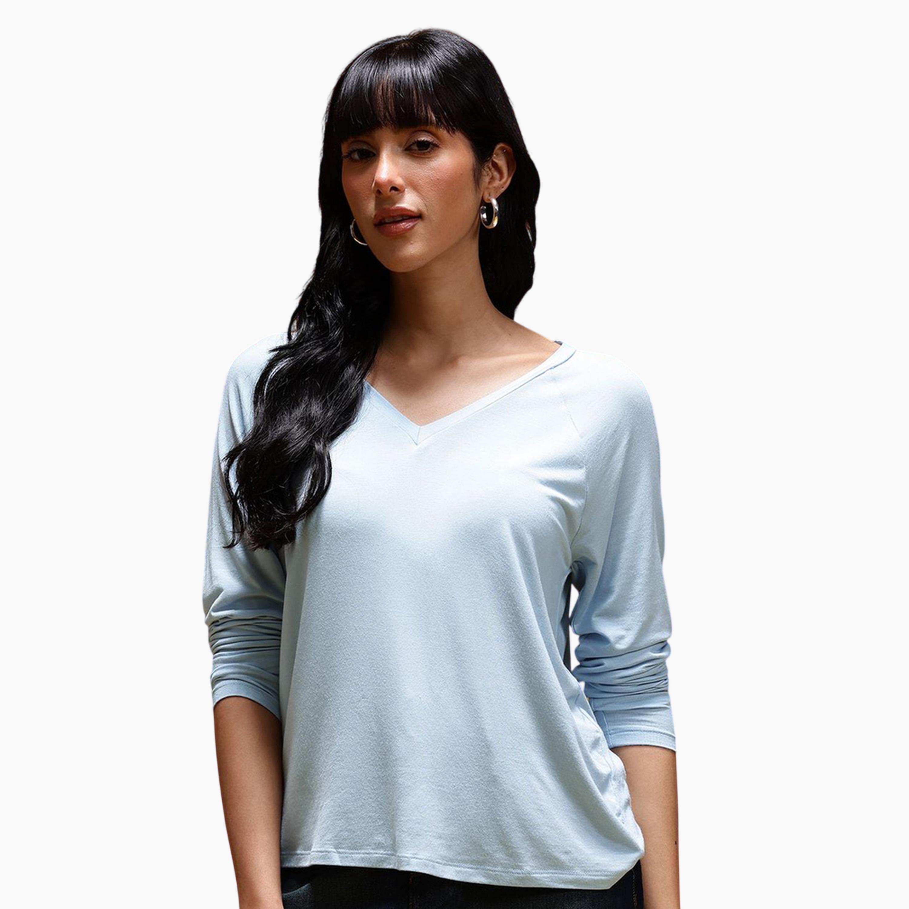 HERE&NOW X Styli Modest Blue V-Neck Long Sleeve Top-women-clothing-shirtsandblouses-blouses-image-1