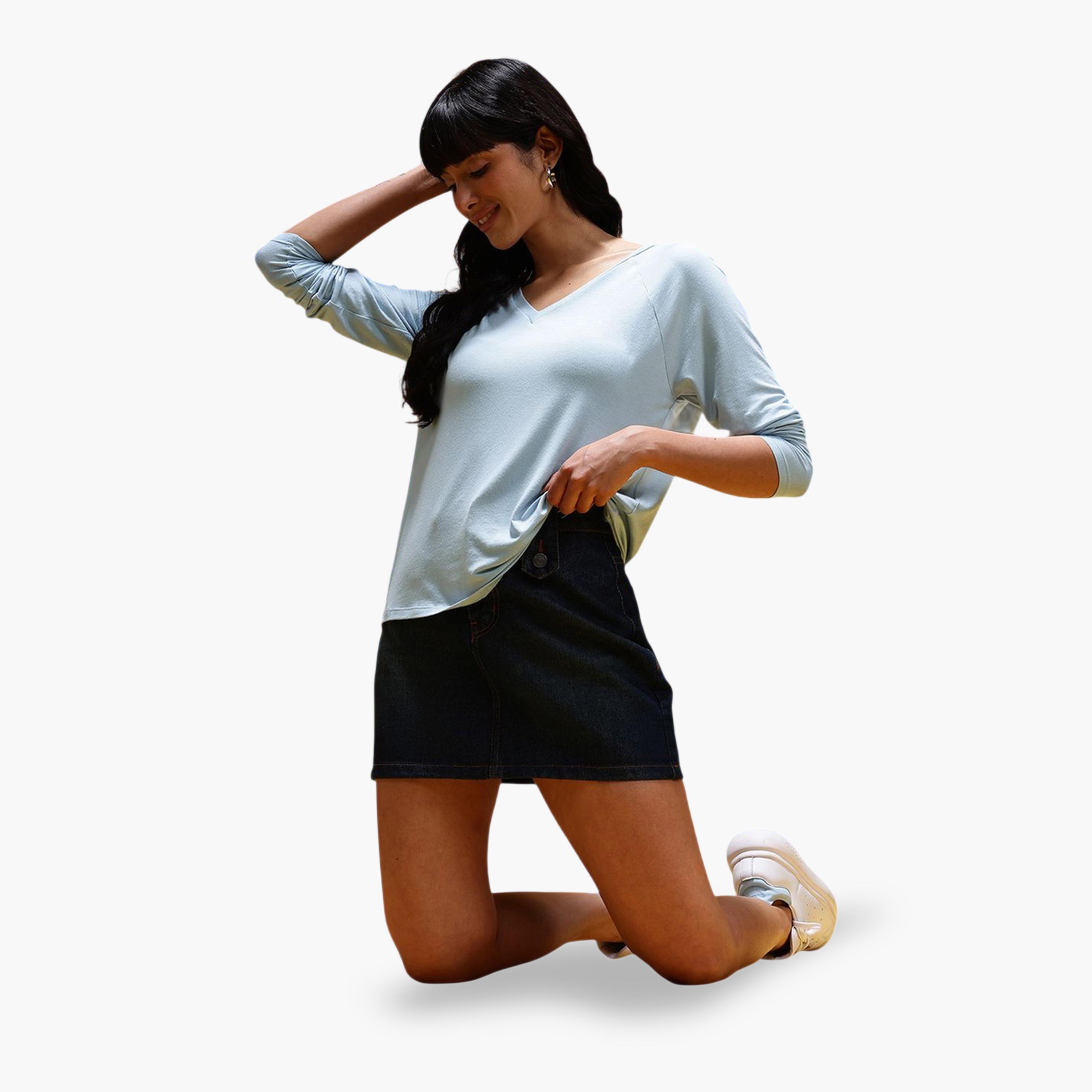 HERE&NOW X Styli Modest Blue V-Neck Long Sleeve Top-women-clothing-shirtsandblouses-blouses-image-2