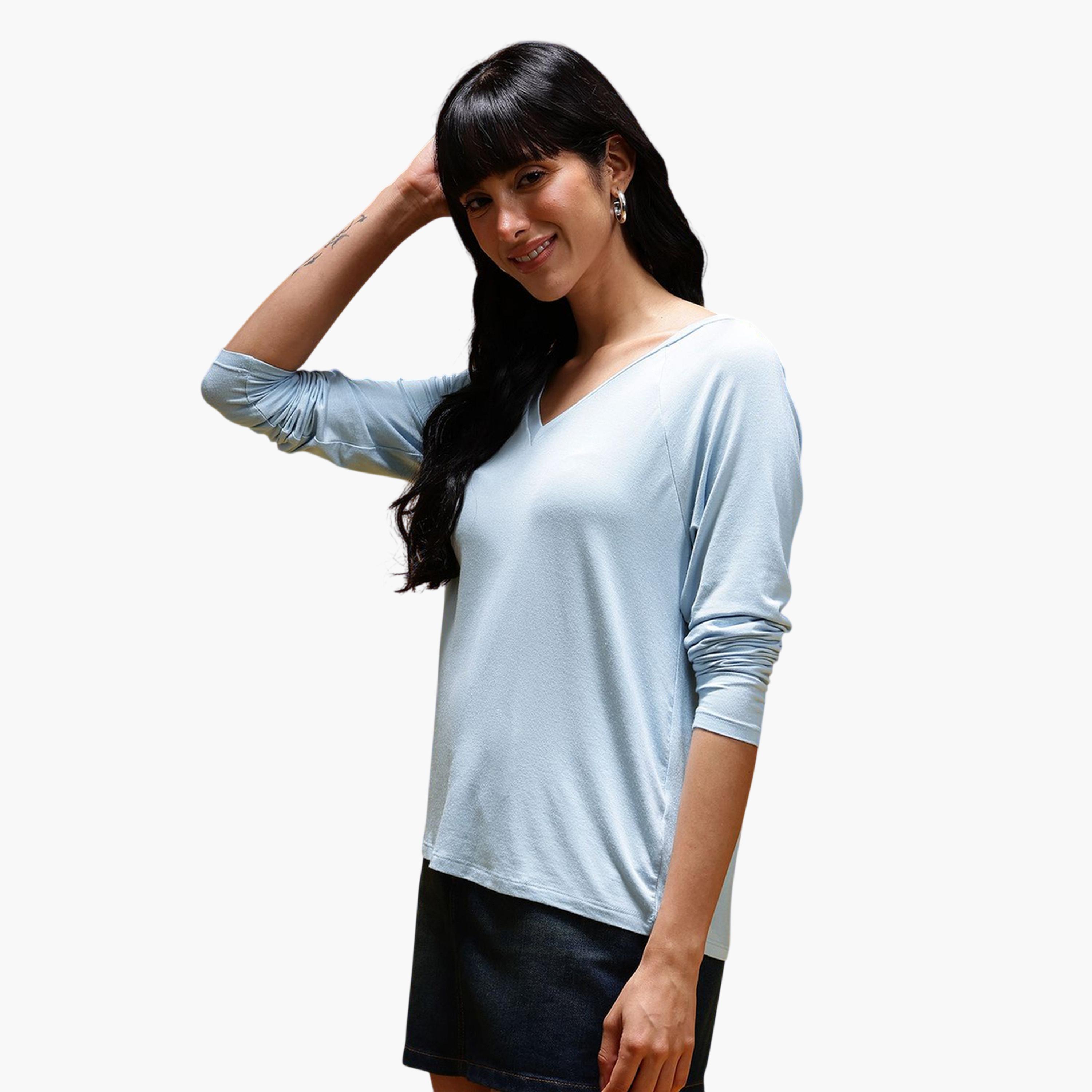 HERE&NOW X Styli Modest Blue V-Neck Long Sleeve Top-women-clothing-shirtsandblouses-blouses-image-3