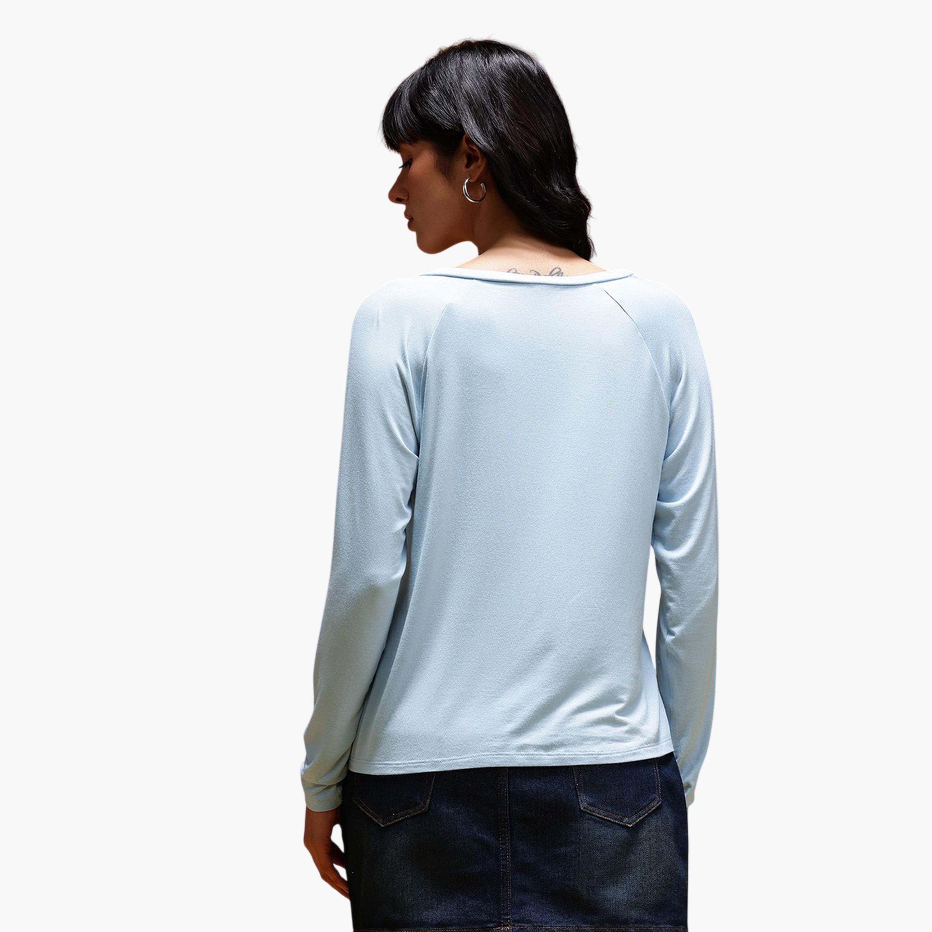 HERE&NOW X Styli Modest Blue V-Neck Long Sleeve Top-women-clothing-shirtsandblouses-blouses-image-4