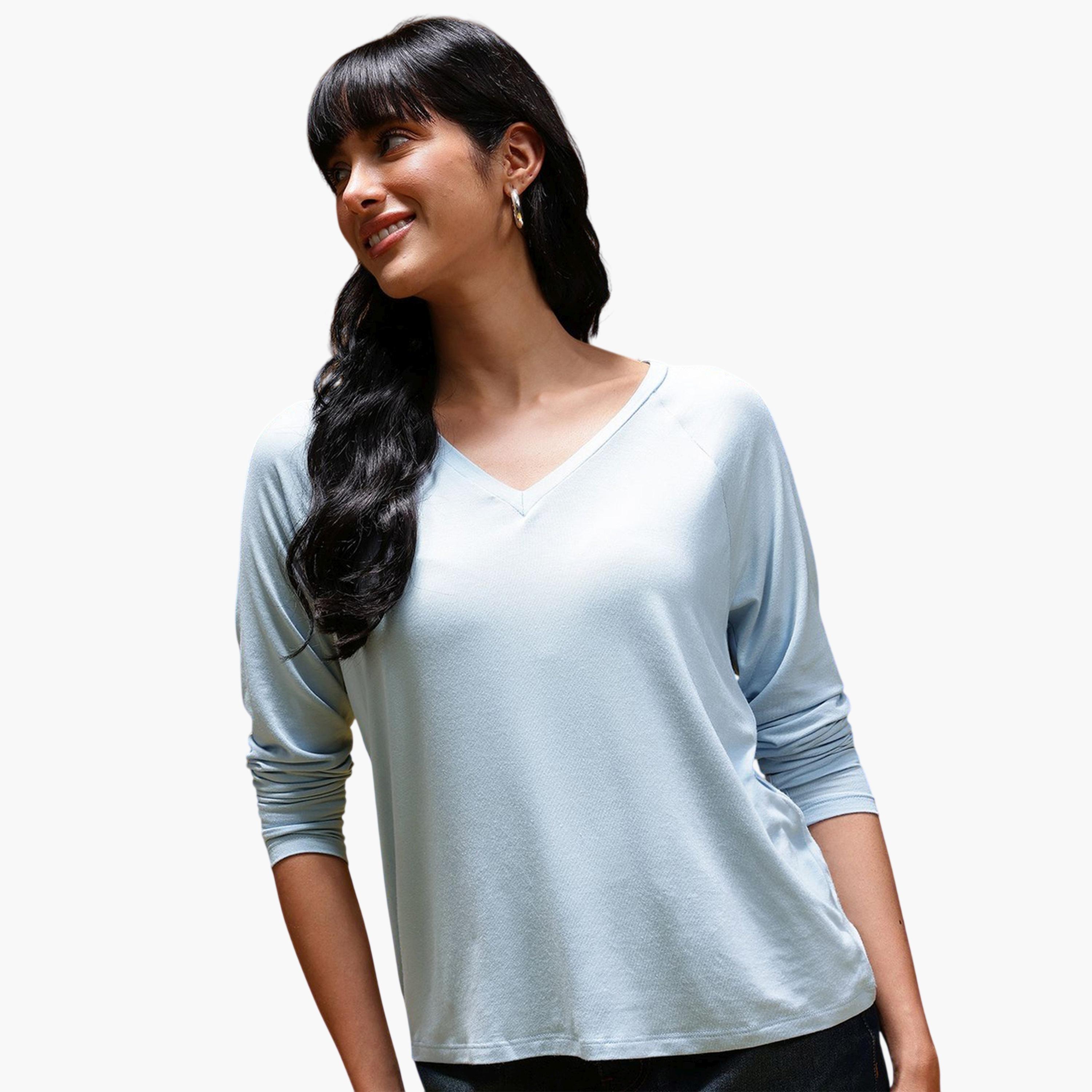 HERE&NOW X Styli Modest Blue V-Neck Long Sleeve Top-women-clothing-shirtsandblouses-blouses-image-5