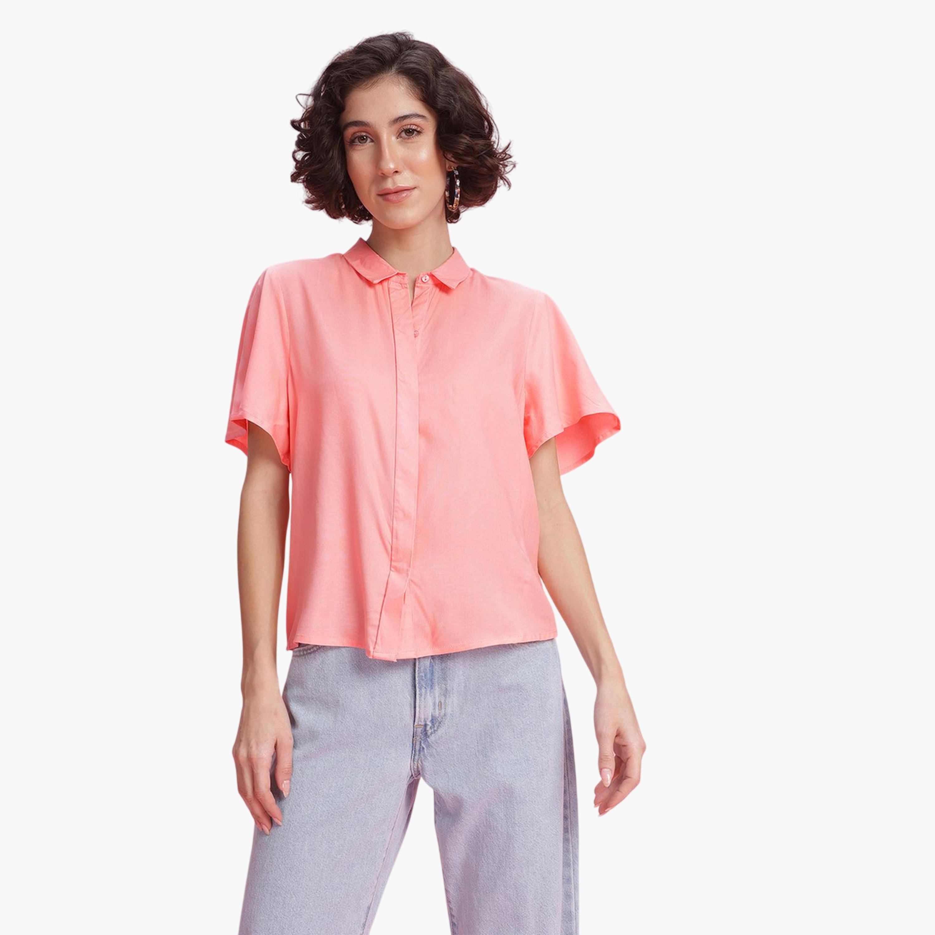 DressBerry X Styli Pink Short Sleeve Regular Fit Shirt-women-clothing-shirtsandblouses-shirts-image-1