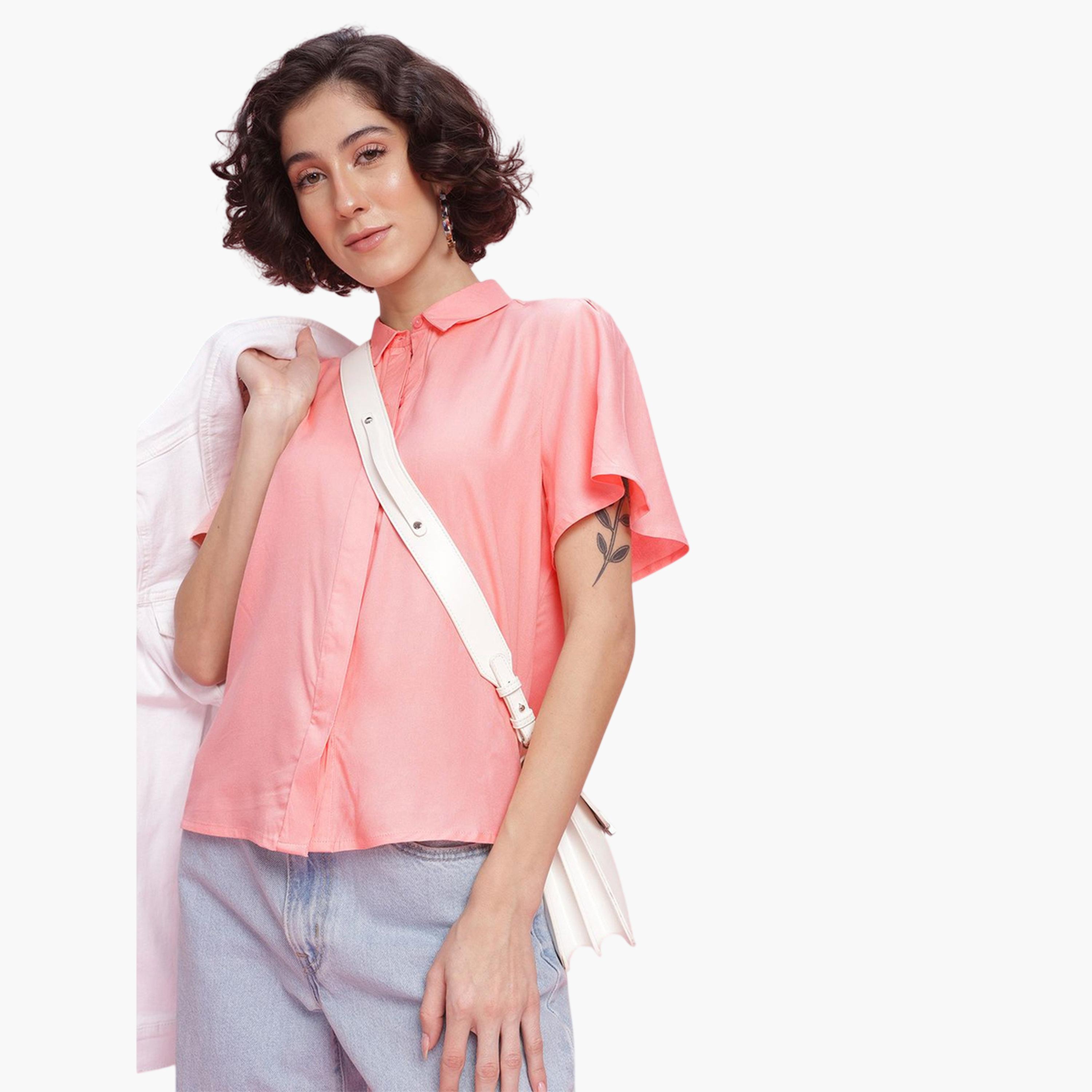 DressBerry X Styli Pink Short Sleeve Regular Fit Shirt-women-clothing-shirtsandblouses-shirts-image-2