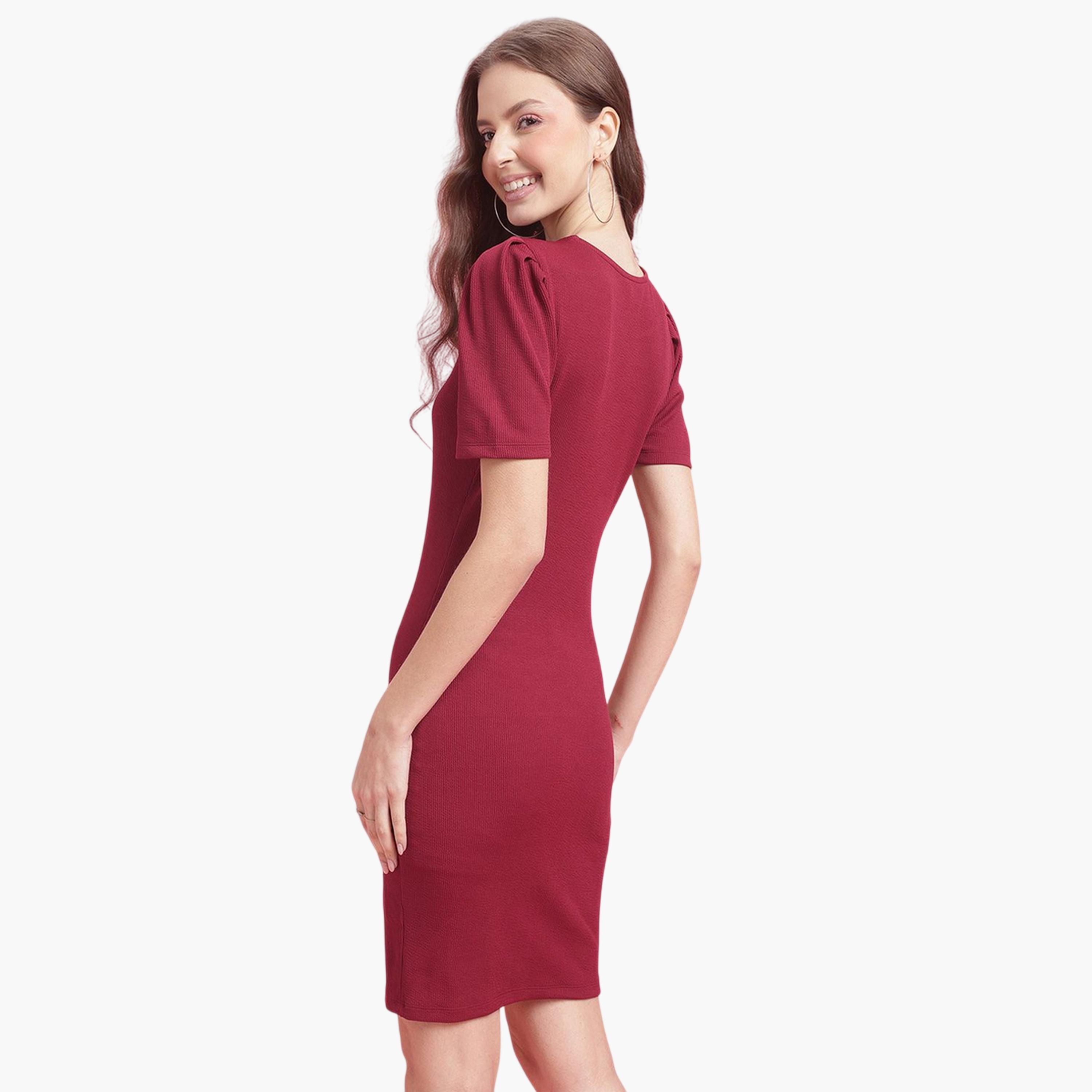DressBerry X Styli Burgundy Bodycon Knee-Length Party Dress with Short Puff Sleeves-women-clothing-dresses-image-4