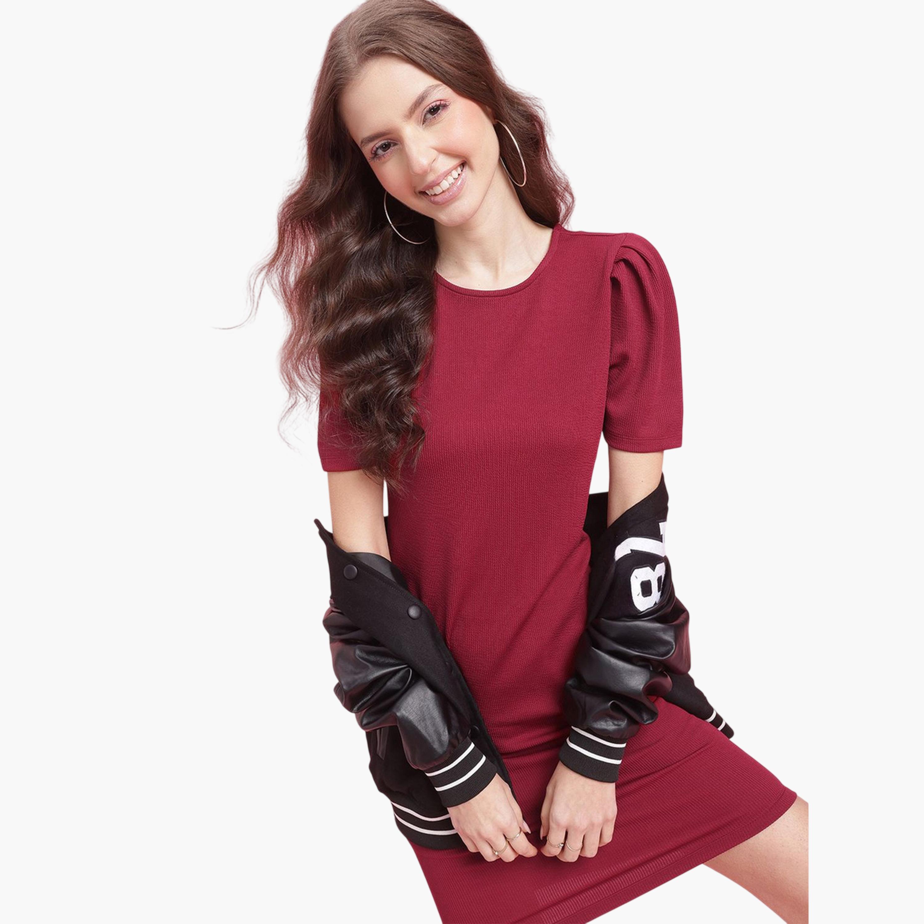 DressBerry X Styli Burgundy Bodycon Knee-Length Party Dress with Short Puff Sleeves-women-clothing-dresses-image-5