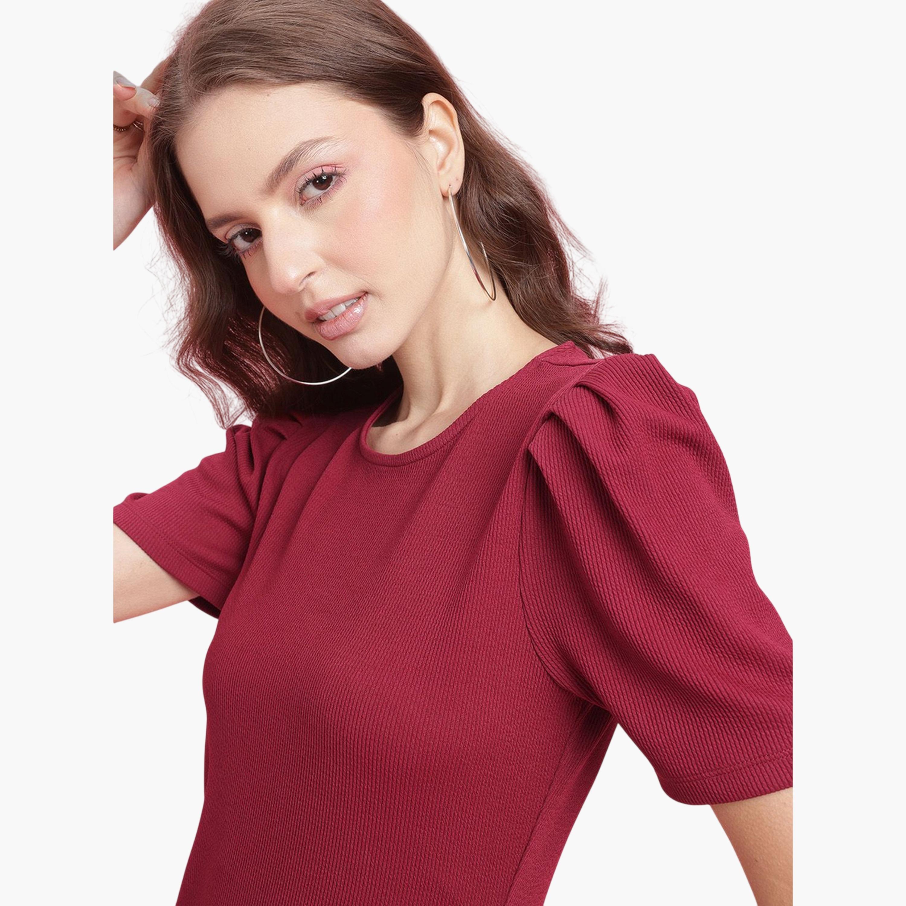 DressBerry X Styli Burgundy Bodycon Knee-Length Party Dress with Short Puff Sleeves-women-clothing-dresses-image-6