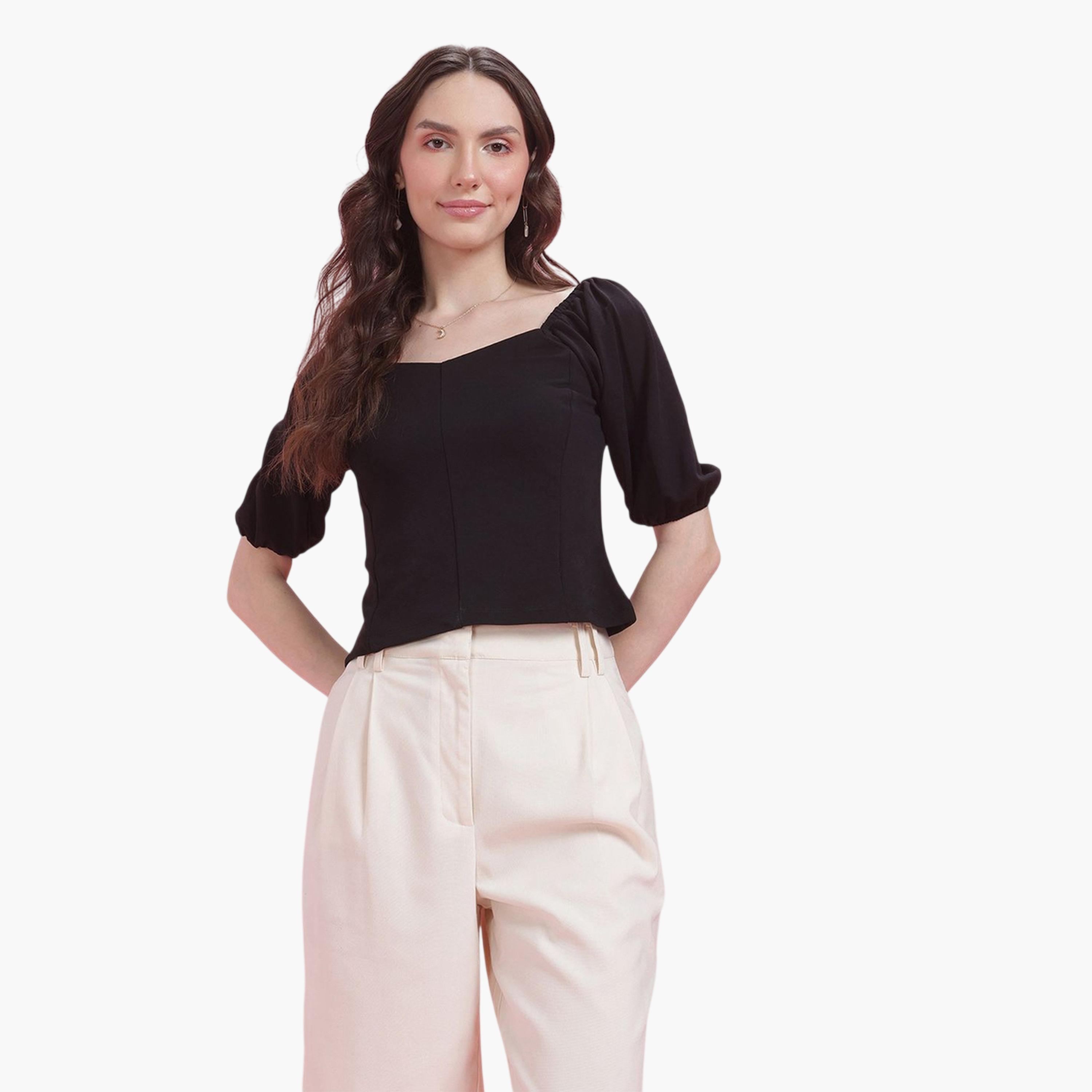 بلوزة قصيرة بأكمام قصيرة وياقة قلب-women-clothing-shirtsandblouses-blouses-image-1
