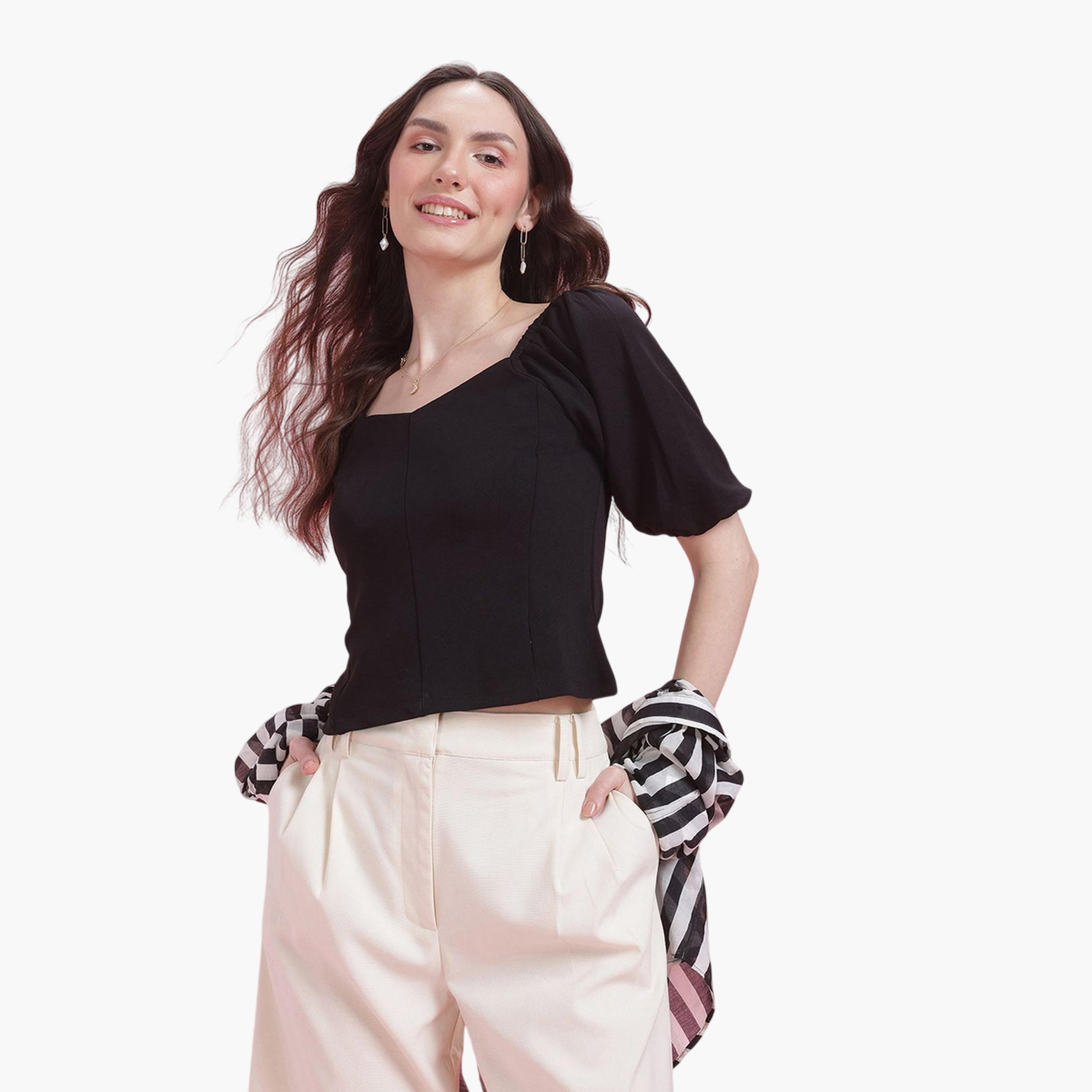 بلوزة قصيرة بأكمام قصيرة وياقة قلب-women-clothing-shirtsandblouses-blouses-image-3