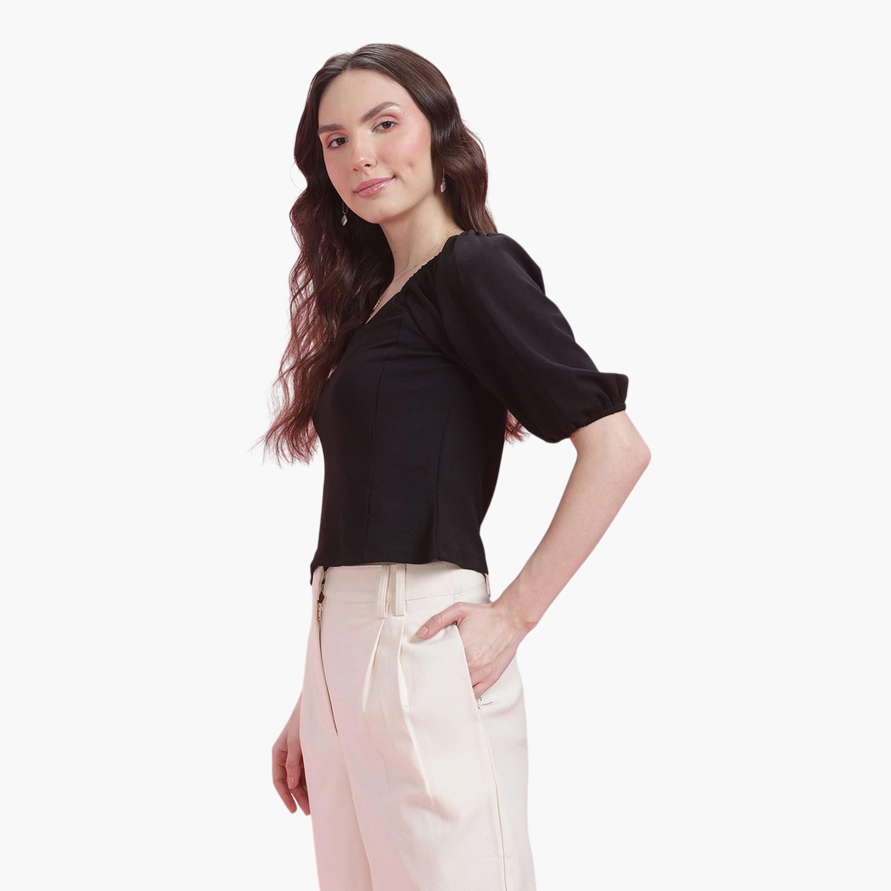 بلوزة قصيرة بأكمام قصيرة وياقة قلب-women-clothing-shirtsandblouses-blouses-image-5