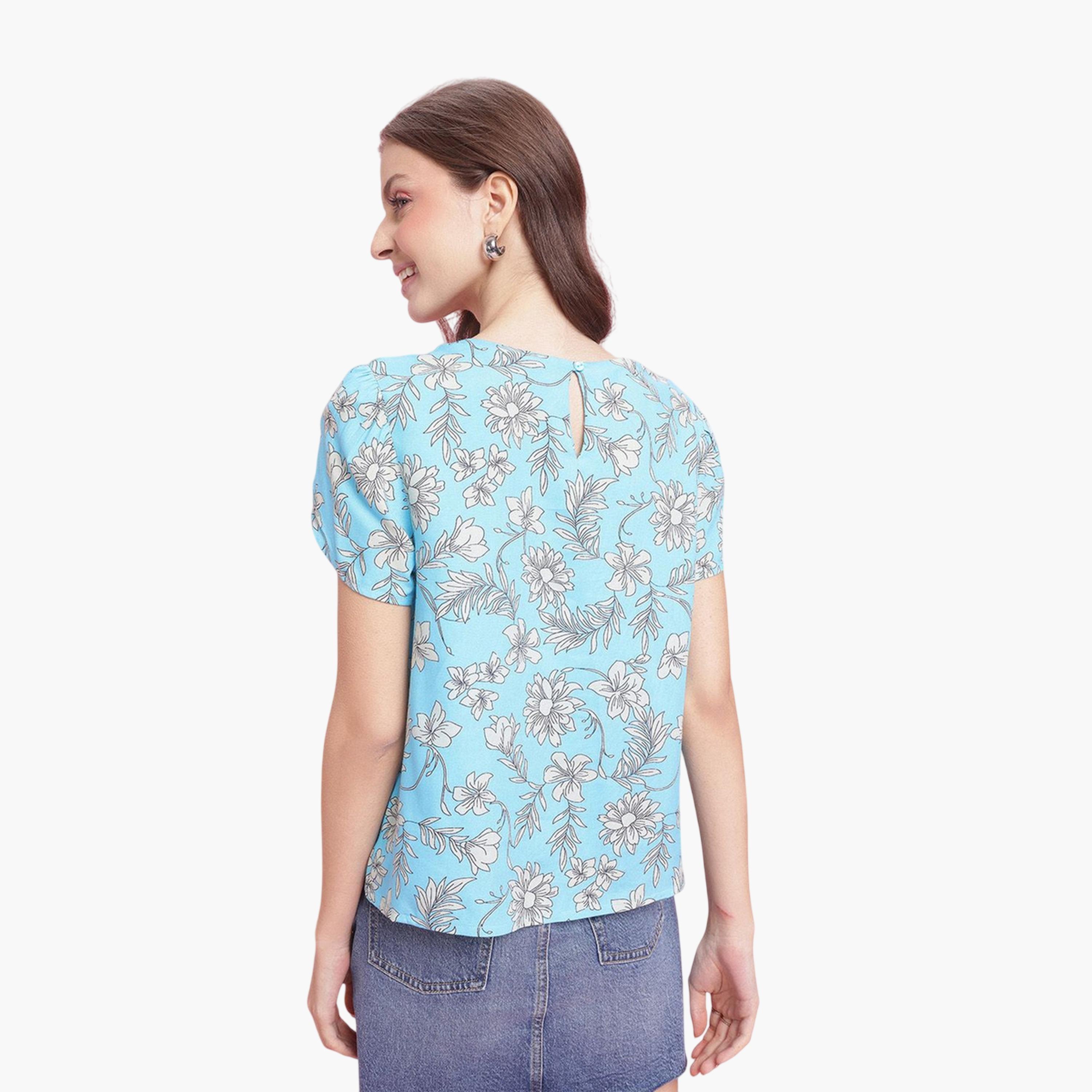 DressBerry X Styli Floral Print Blue Short Sleeve Blouse-women-clothing-shirtsandblouses-blouses-image-4