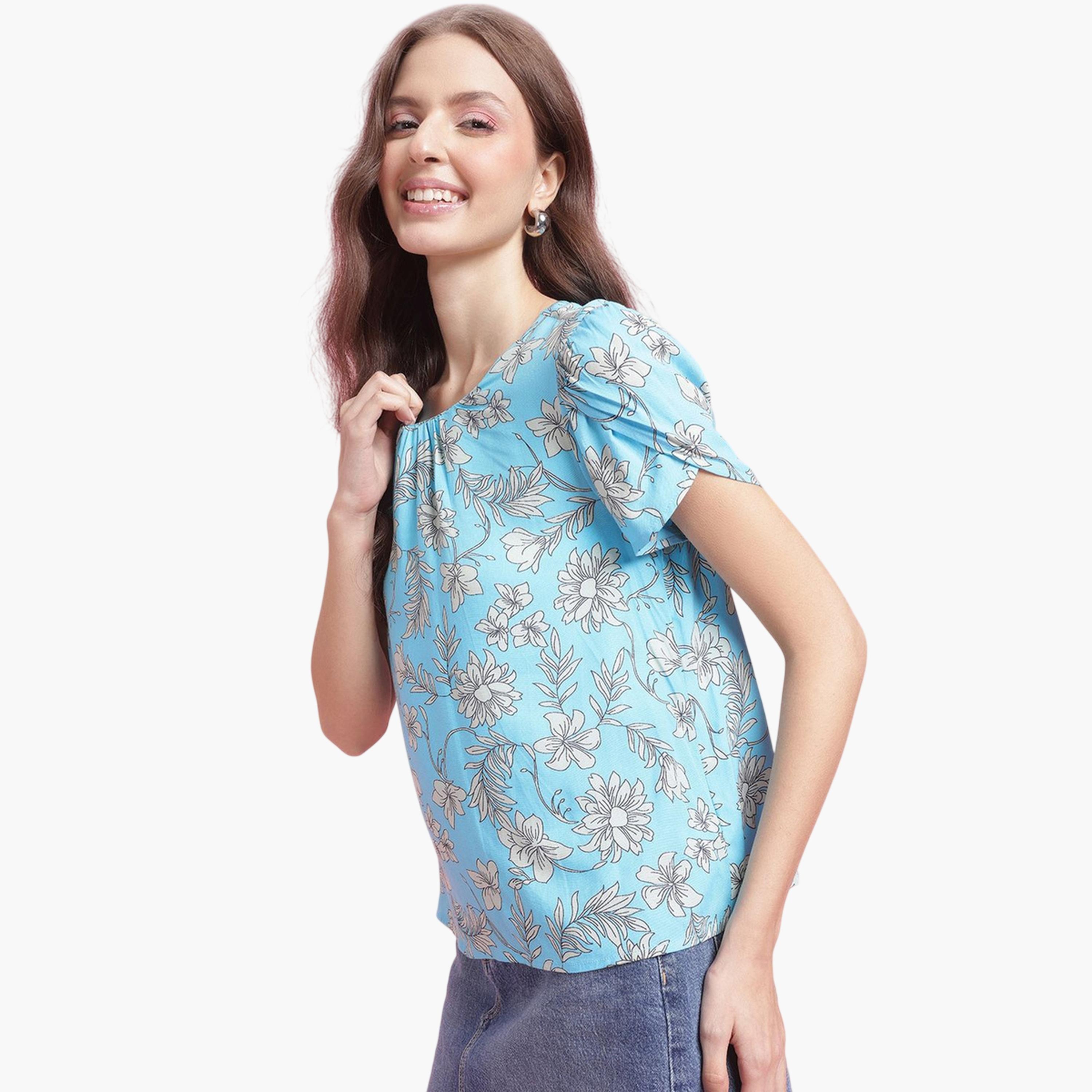 DressBerry X Styli Floral Print Blue Short Sleeve Blouse-women-clothing-shirtsandblouses-blouses-image-5