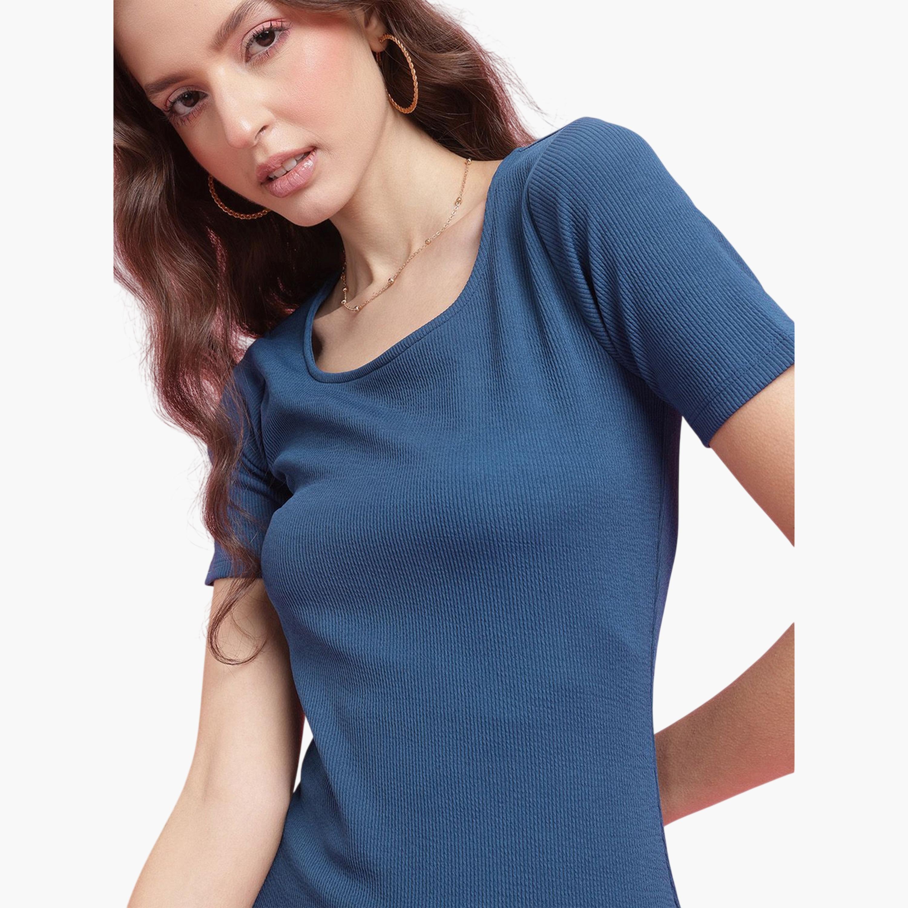 DressBerry X Styli Teal Plain Bodycon Mini Dress with Short Sleeves - Party Wear-women-clothing-dresses-image-6
