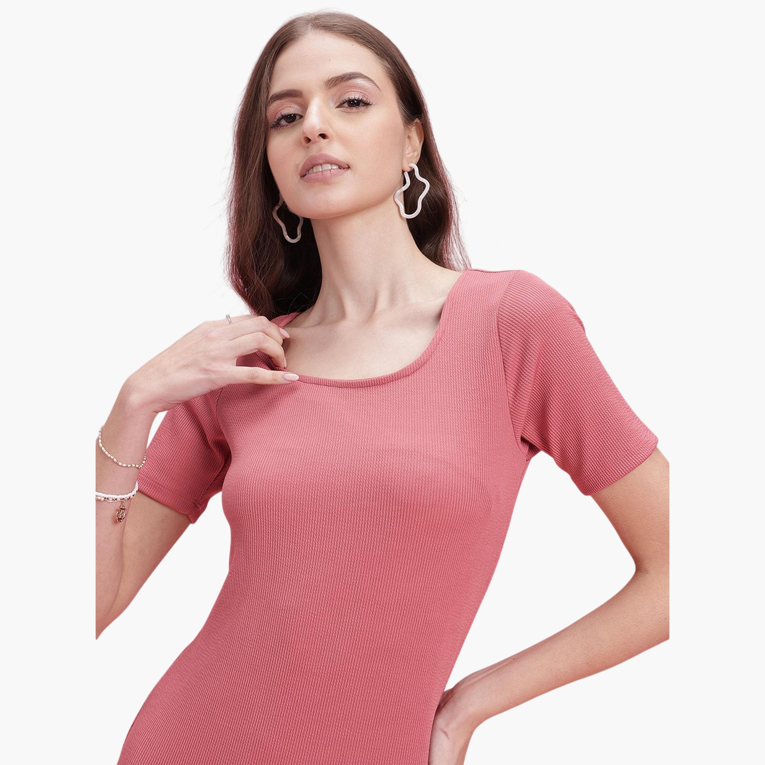 DressBerry X Styli Pink Plain Bodycon Midi Dress with Short Sleeves - Party Wear-women-clothing-dresses-image-5