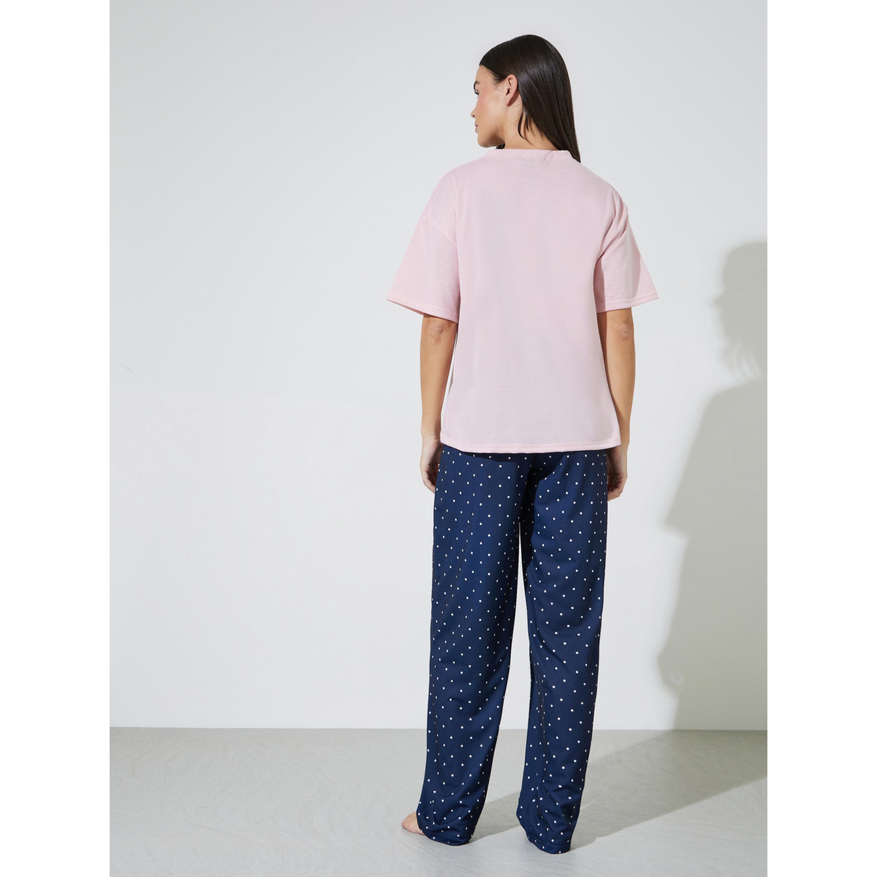 Styli Heart Ruffle Edge Drop Shoulder T-Shirt and Polka Dot Straight Pyjama Sey Set-women-clothing-nightwear-pyjamas-longsets-image-3
