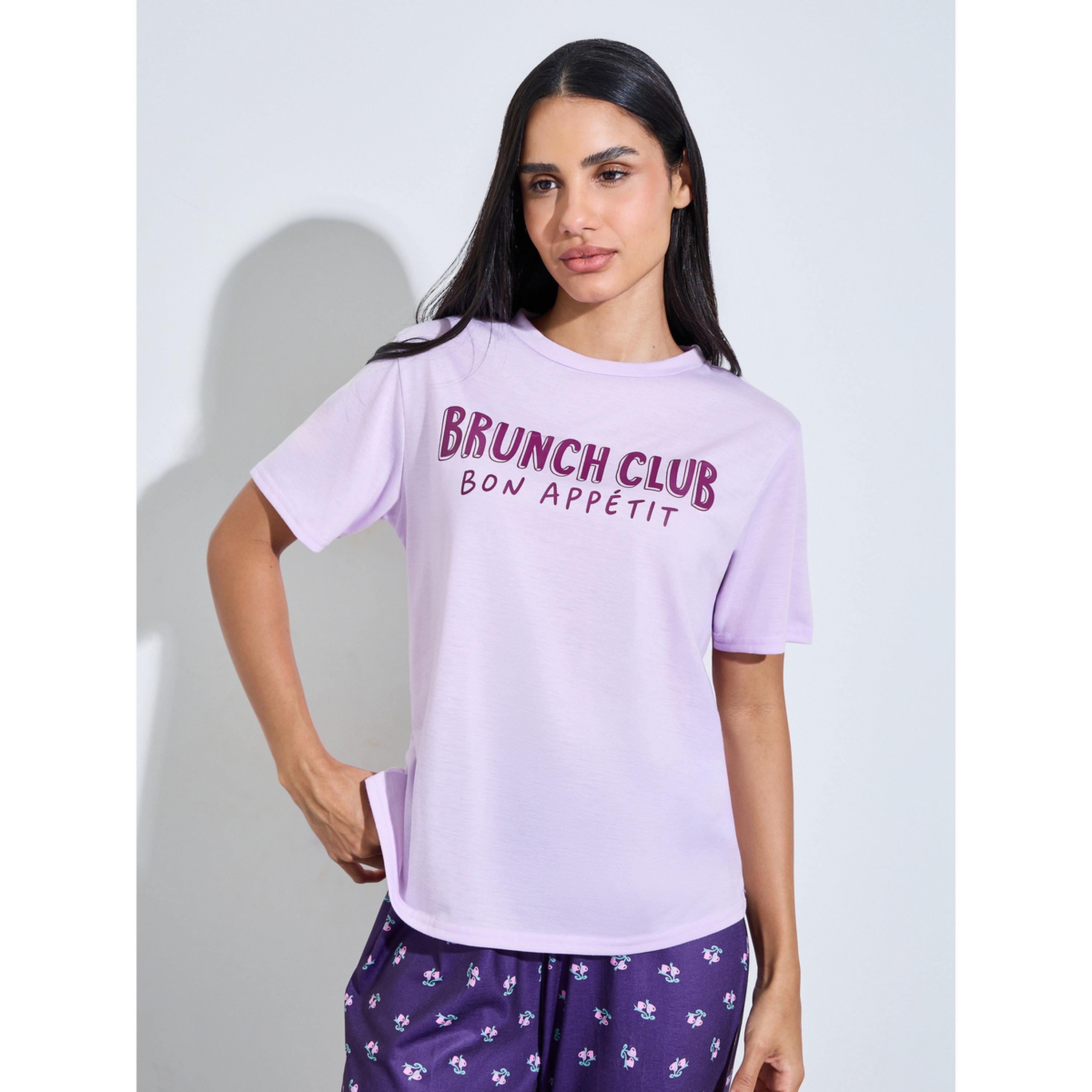 طقم بيجاما من بنطال بنمط طبعة أزهار كاملة وتيشيرت بطبعة شعار متعدد الألوان-women-clothing-nightwear-pyjamas-longsets-image-3