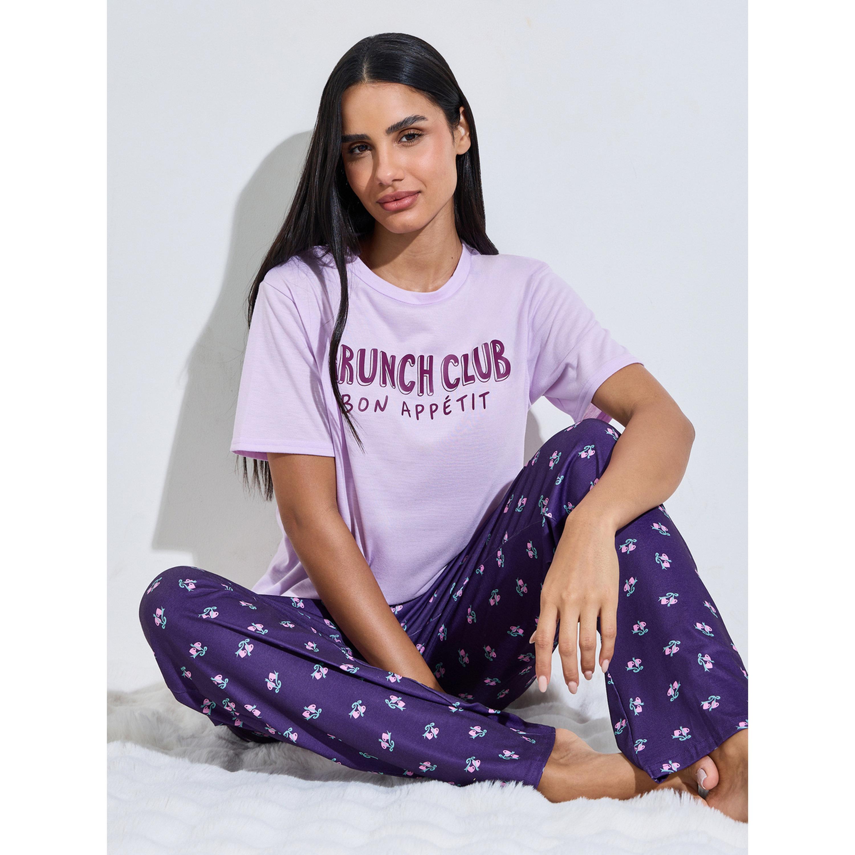 Styli Multi-Color Slogan Print T-Shirt and All Over Floral Print Pants Pyjama Set-women-clothing-nightwear-pyjamas-longsets-image-4