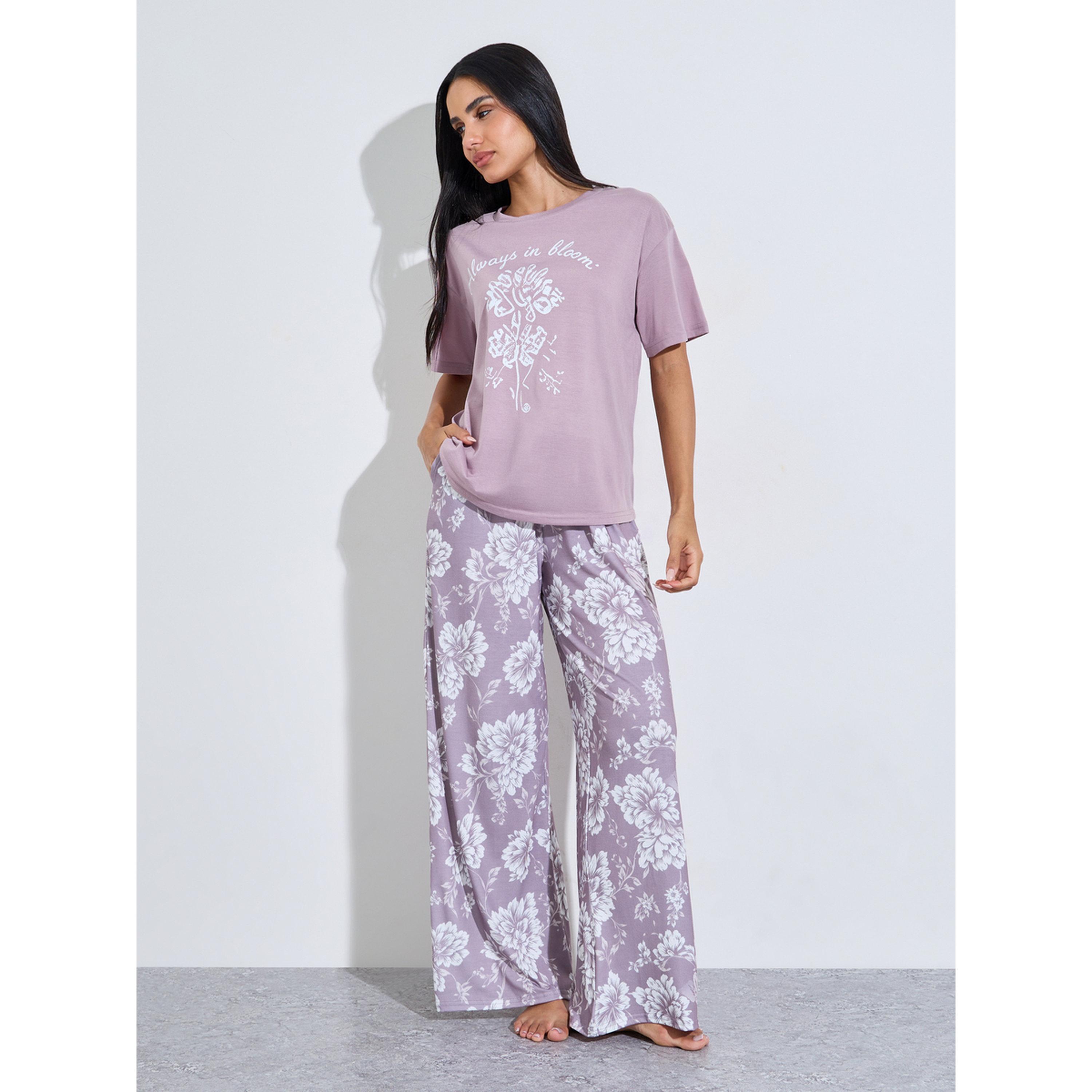 Styli Lilac Floral Print T-Shirt and Wide Leg Pants Pyjama Set-women-clothing-nightwear-pyjamas-longsets-image-1