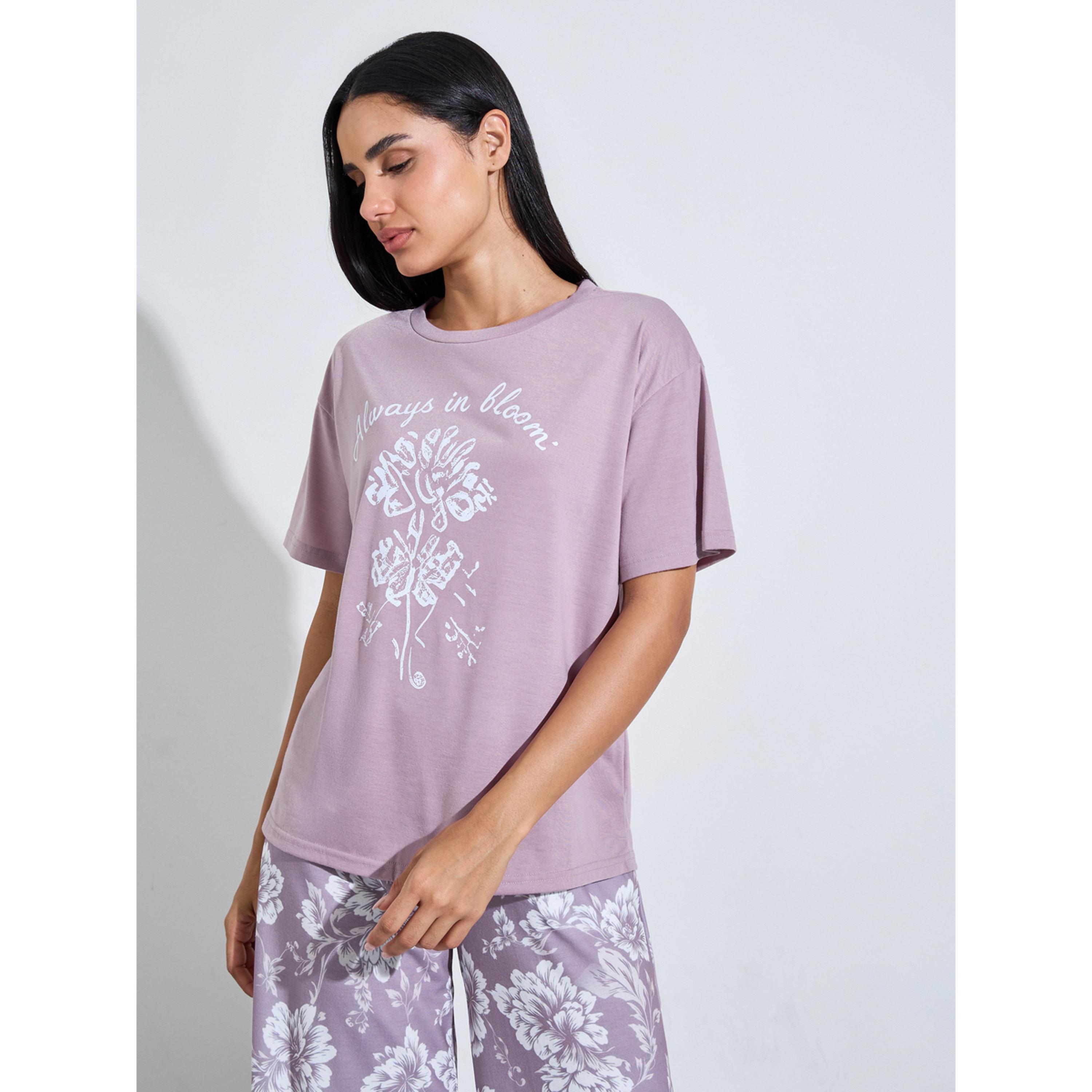 Styli Lilac Floral Print T-Shirt and Wide Leg Pants Pyjama Set-women-clothing-nightwear-pyjamas-longsets-image-2