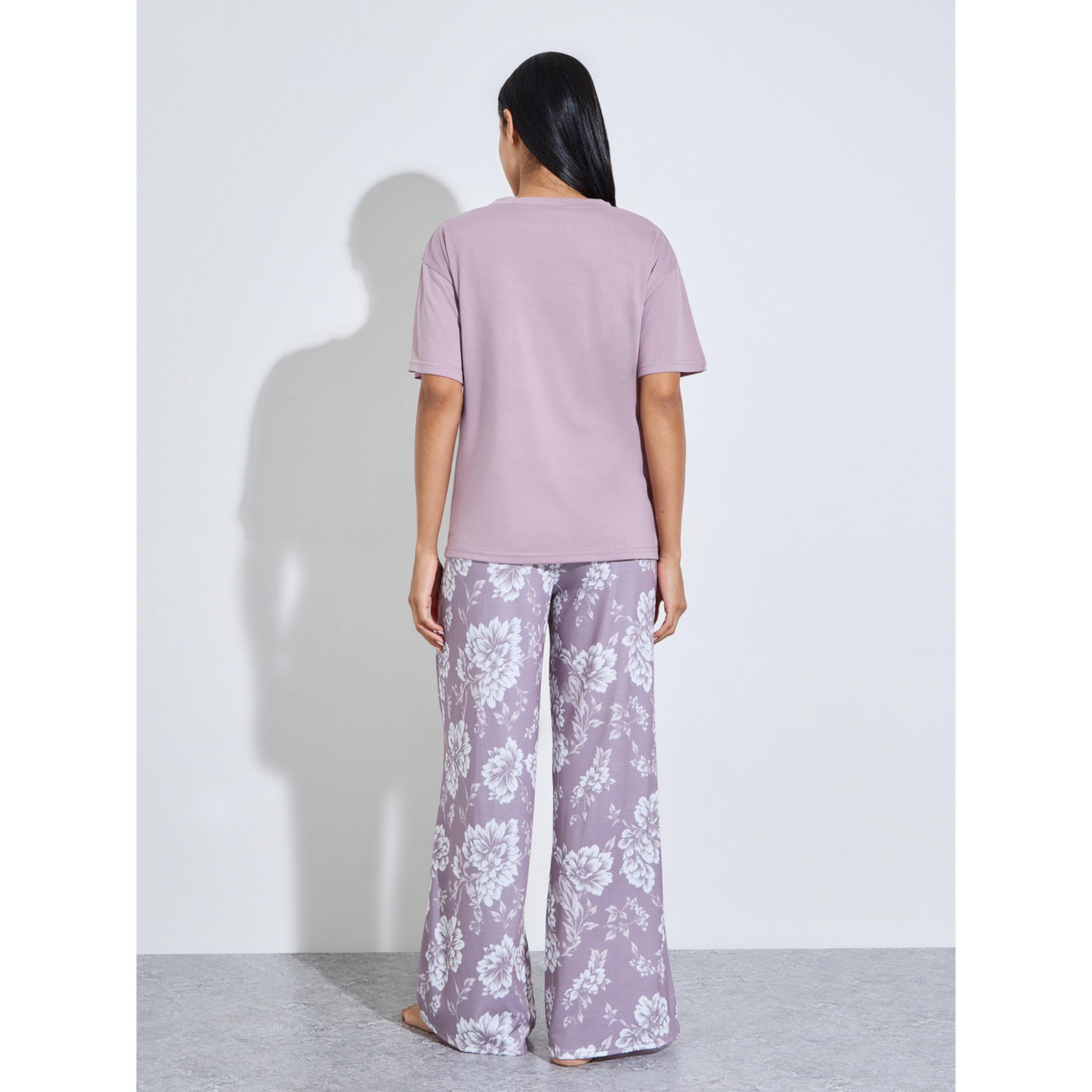 Styli Lilac Floral Print T-Shirt and Wide Leg Pants Pyjama Set-women-clothing-nightwear-pyjamas-longsets-image-3