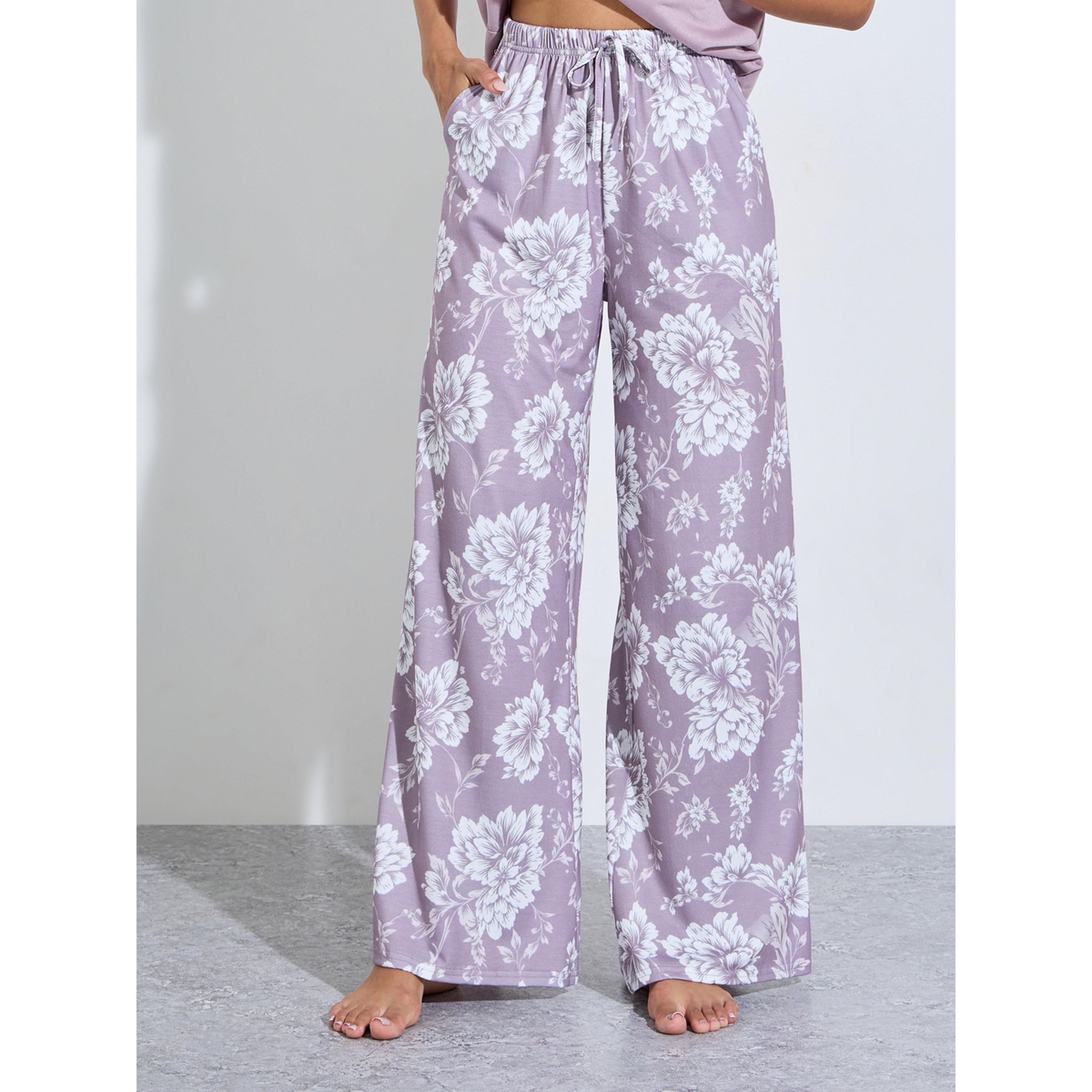 Styli Lilac Floral Print T-Shirt and Wide Leg Pants Pyjama Set-women-clothing-nightwear-pyjamas-longsets-image-4