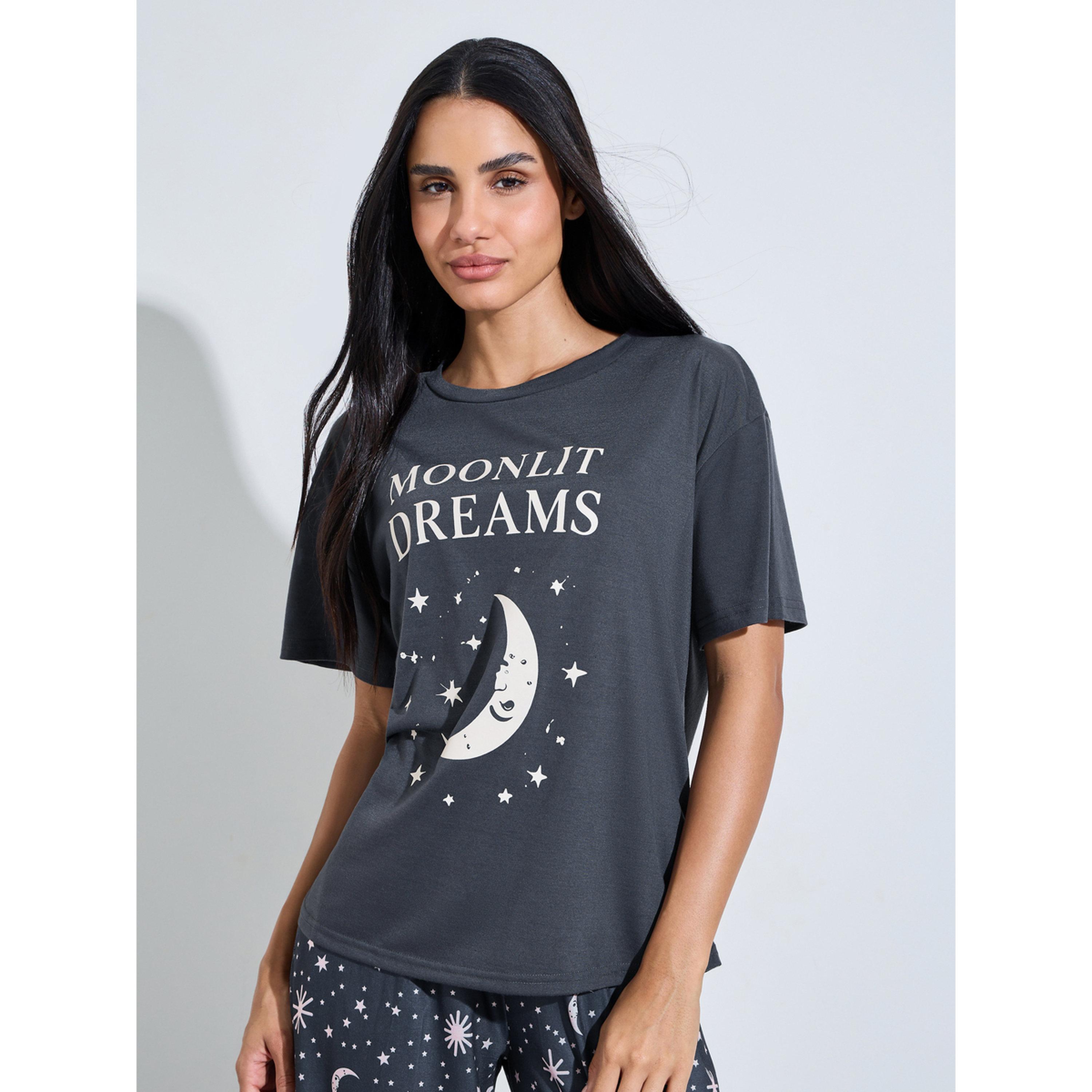 طقم بيجاما من بنطال بأرجل واسعة وتيشيرت بطبعة القمر والنجوم باللون الفحمي-women-clothing-nightwear-pyjamas-longsets-image-2