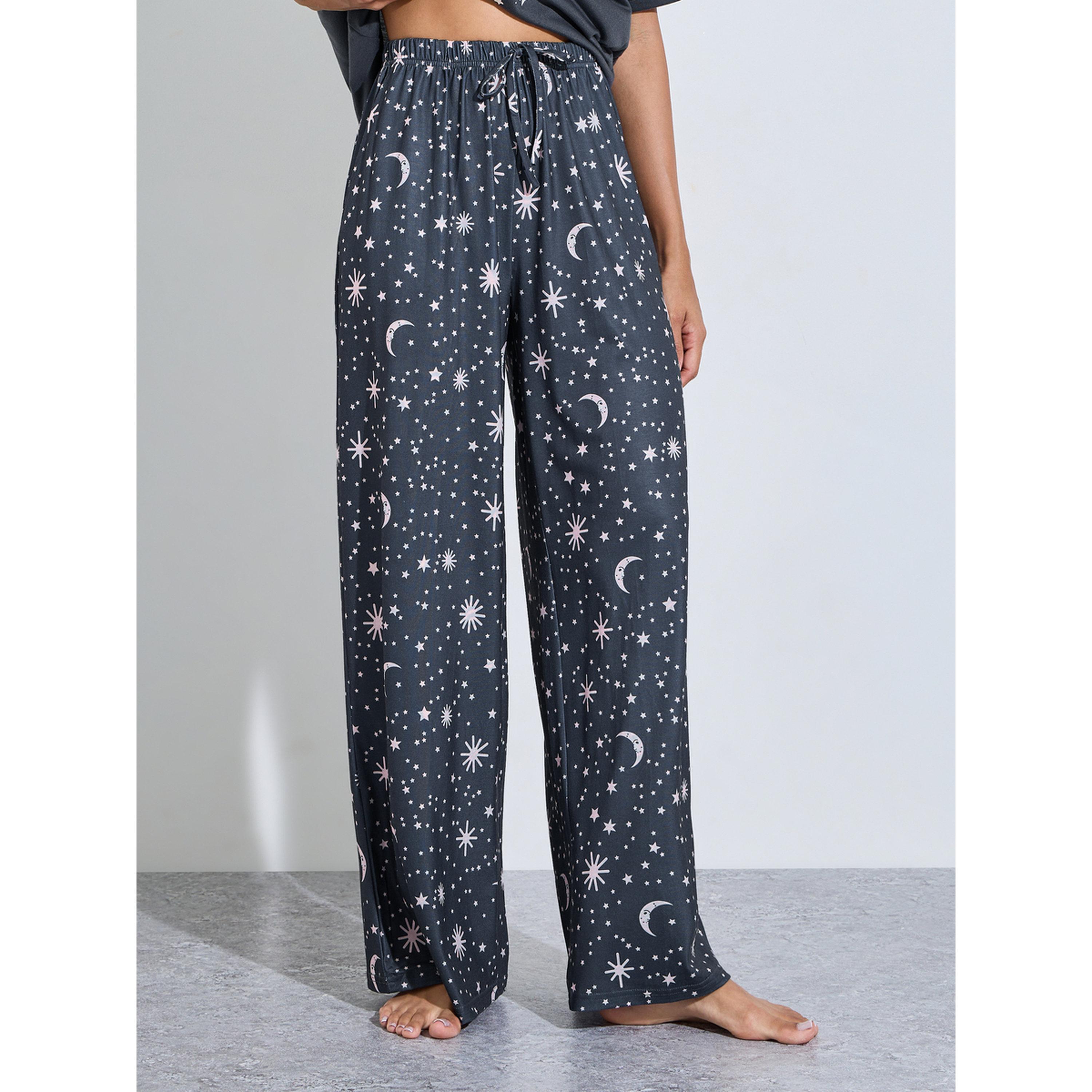 طقم بيجاما من بنطال بأرجل واسعة وتيشيرت بطبعة القمر والنجوم باللون الفحمي-women-clothing-nightwear-pyjamas-longsets-image-4