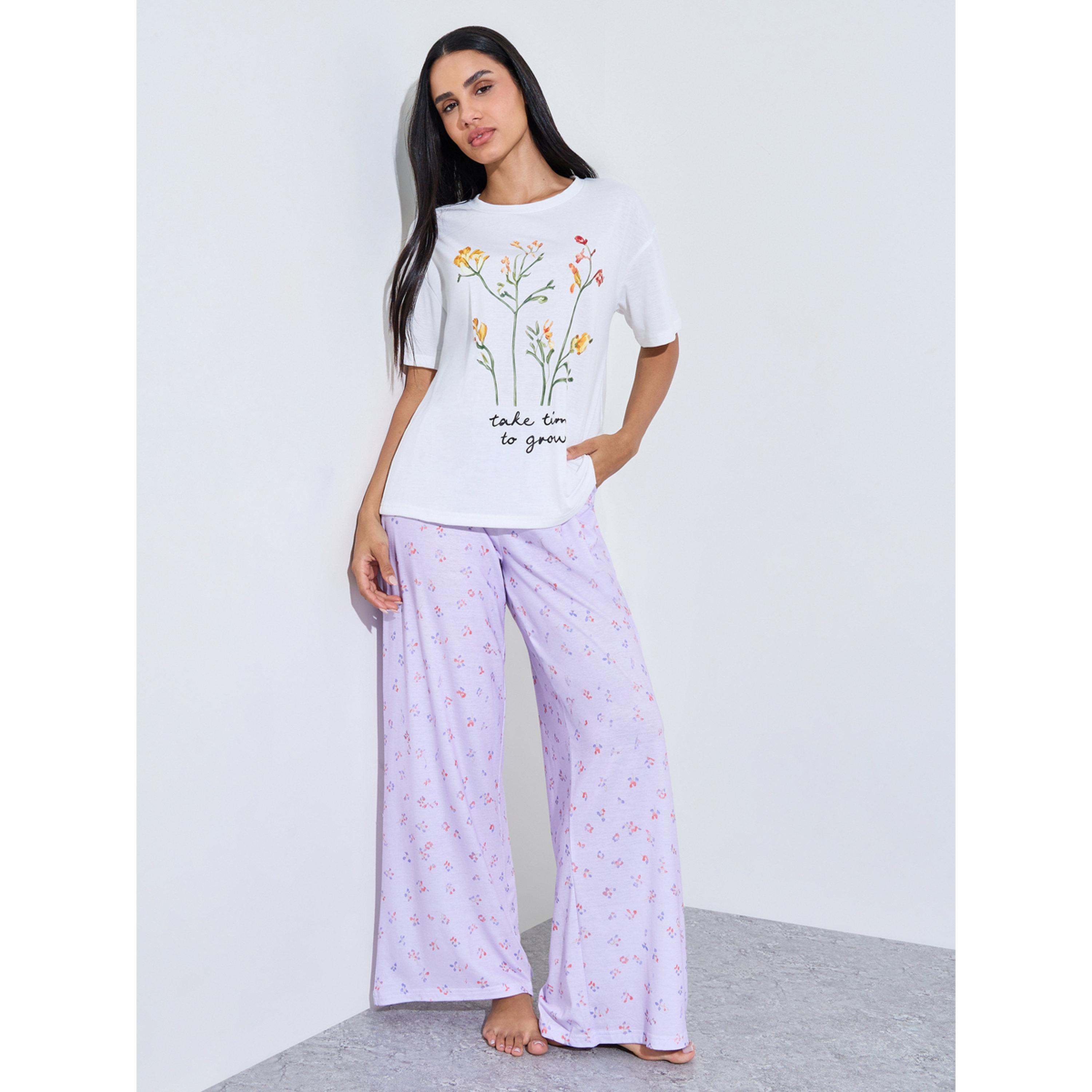 Styli Multi-Color Floral Print T-Shirt and Wide Leg Pants Pyjama Set-women-clothing-nightwear-pyjamas-longsets-image-1