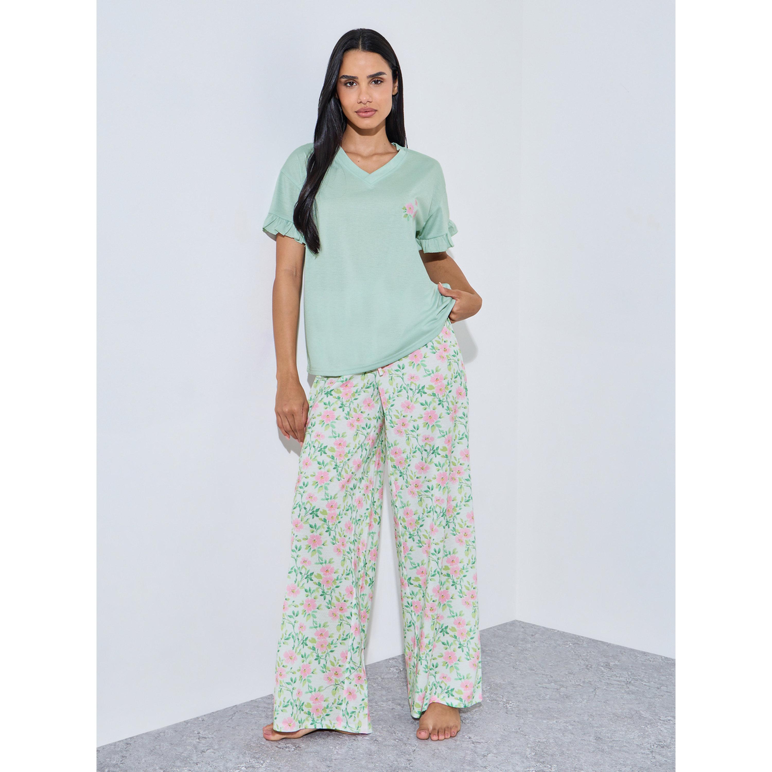 Styli Green Floral Print Ruffle Sleeves T-Shirt and All Over Print Pants Pyjama Set-women-clothing-nightwear-pyjamas-longsets-image-1