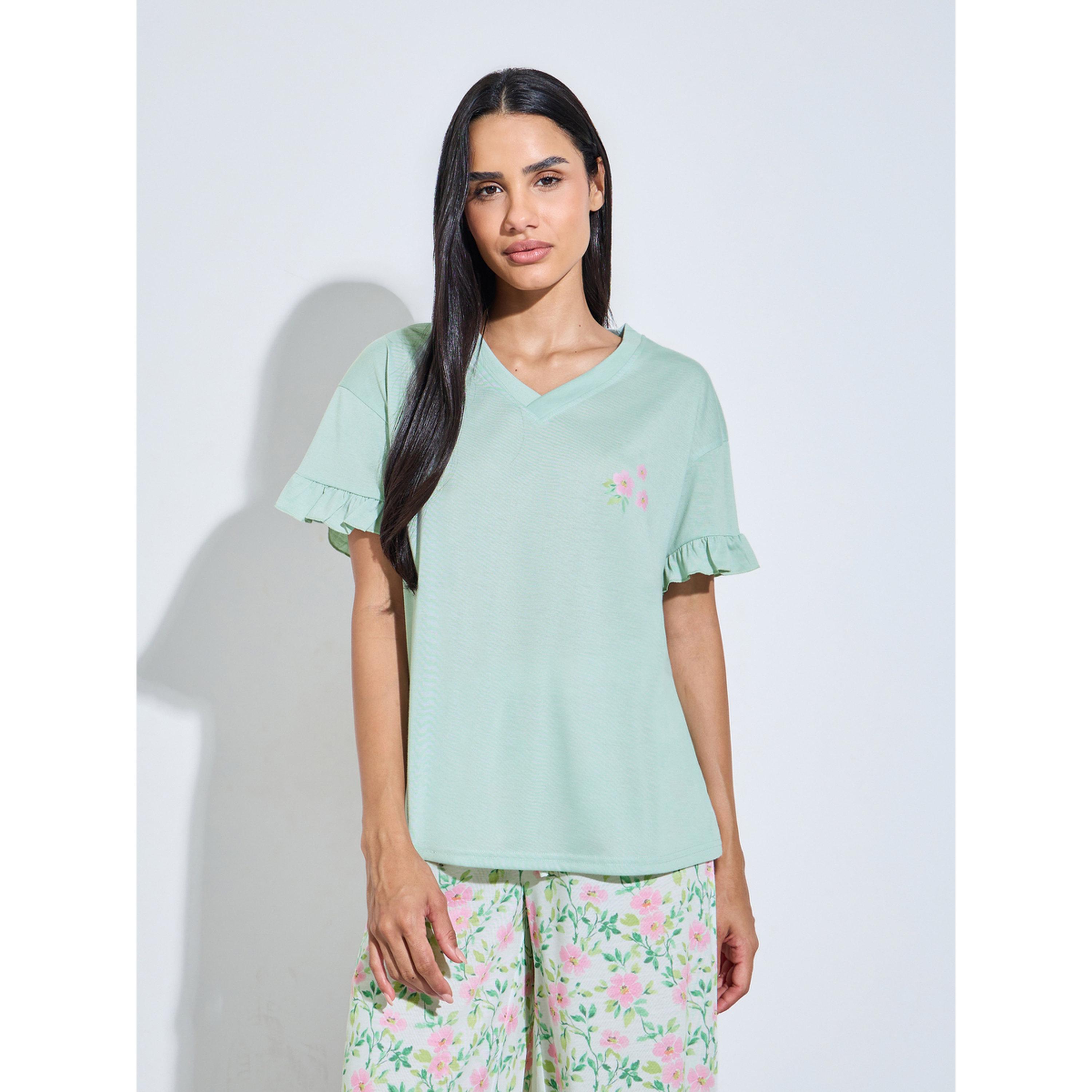 Styli Green Floral Print Ruffle Sleeves T-Shirt and All Over Print Pants Pyjama Set-women-clothing-nightwear-pyjamas-longsets-image-2