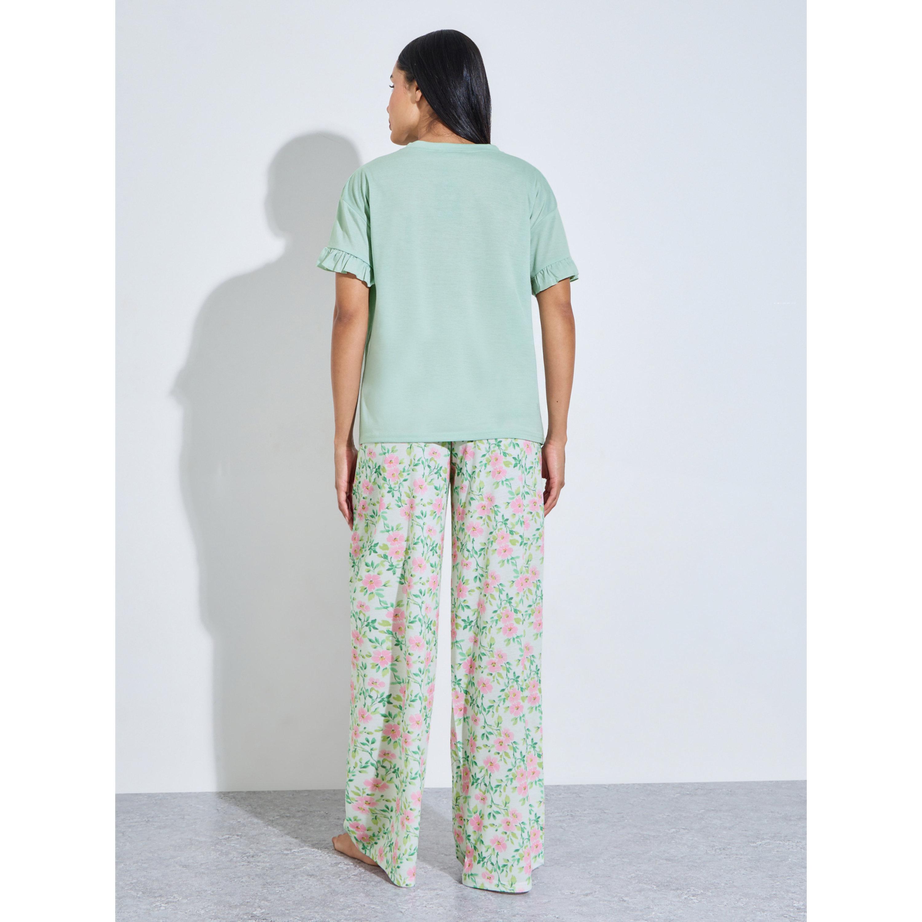 Styli Green Floral Print Ruffle Sleeves T-Shirt and All Over Print Pants Pyjama Set-women-clothing-nightwear-pyjamas-longsets-image-3