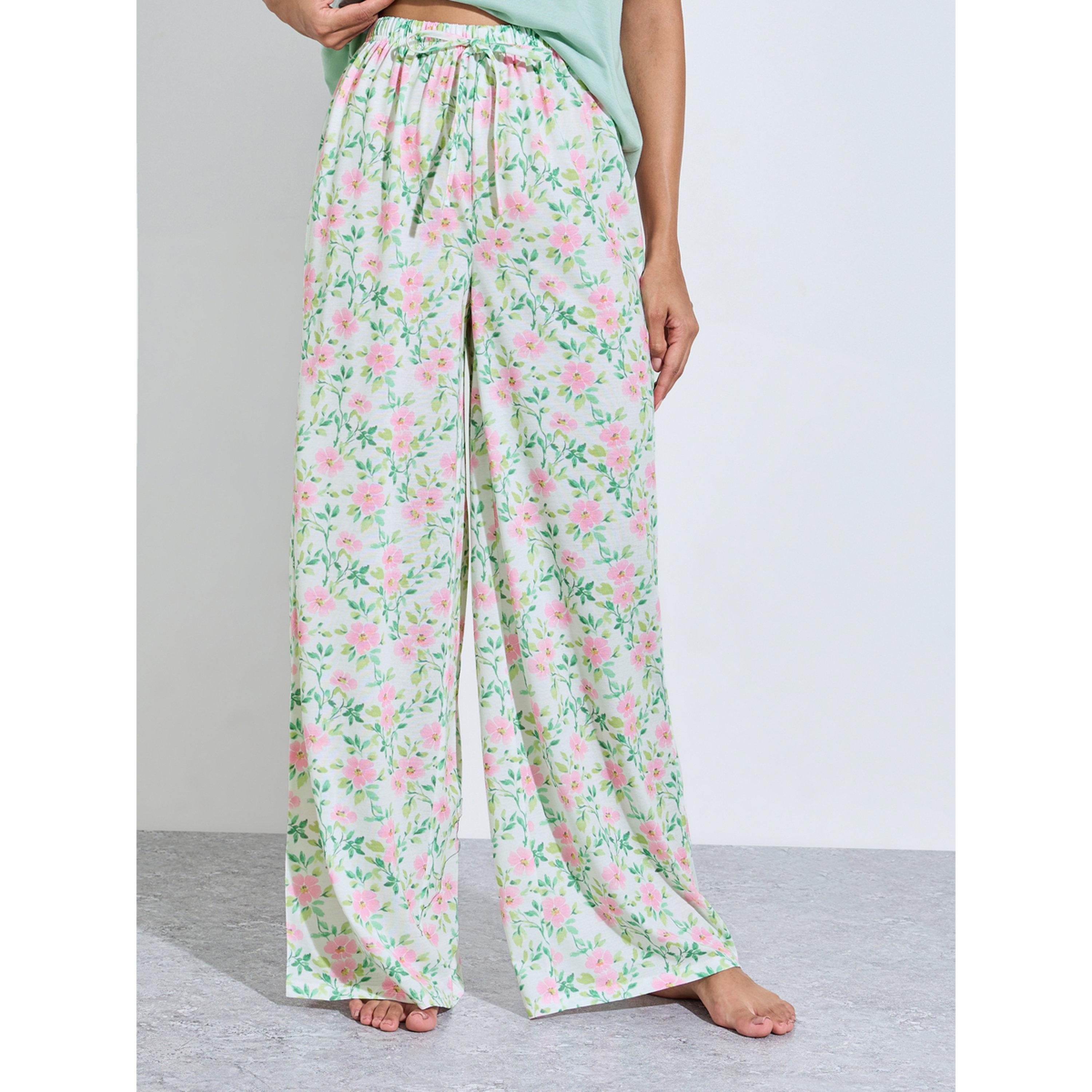 طقم بيجاما من بنطال مطبوع وتيشيرت بأكمام بكشكشة وطبعة زهور باللون الأخضر-women-clothing-nightwear-pyjamas-longsets-image-4