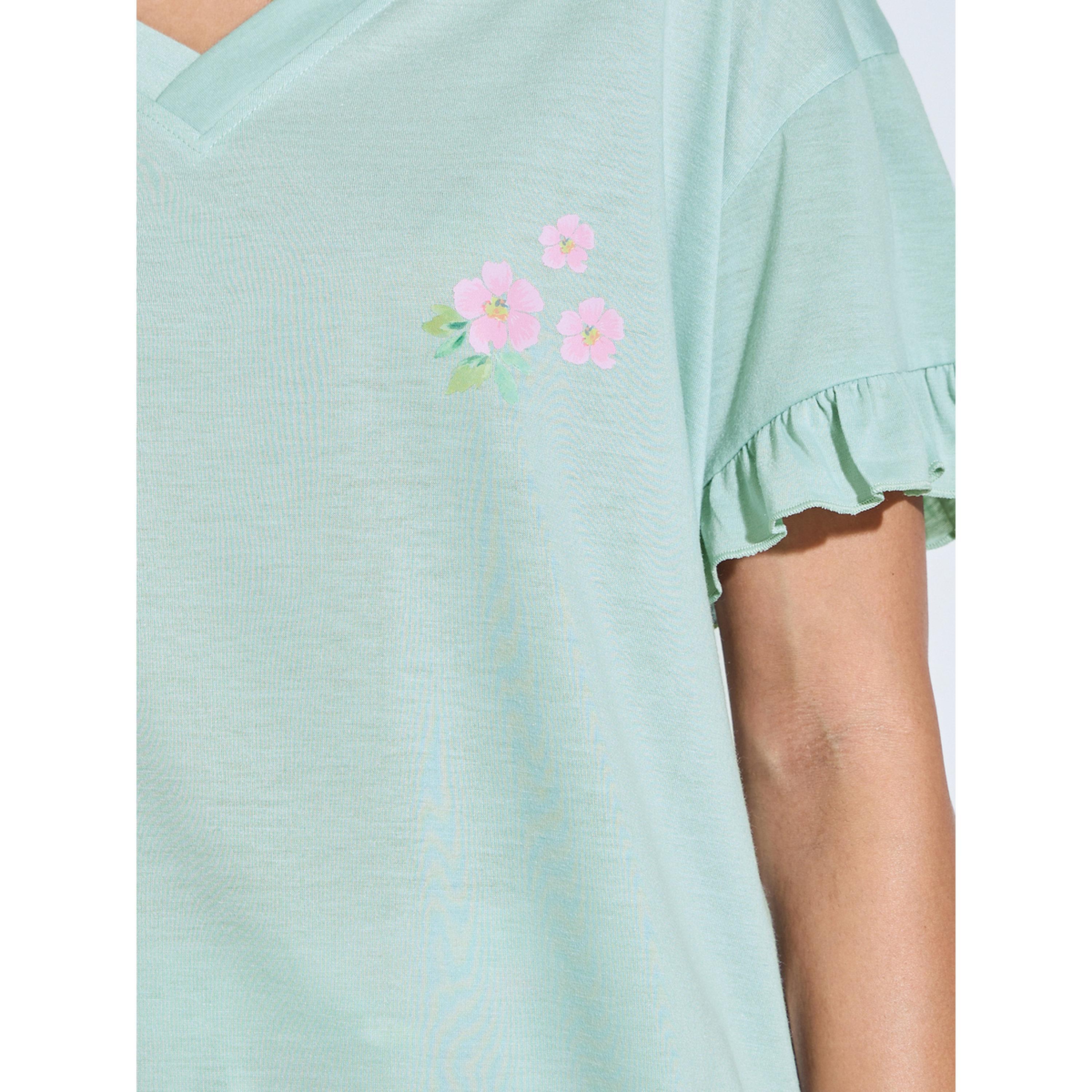 طقم بيجاما من بنطال مطبوع وتيشيرت بأكمام بكشكشة وطبعة زهور باللون الأخضر-women-clothing-nightwear-pyjamas-longsets-image-5