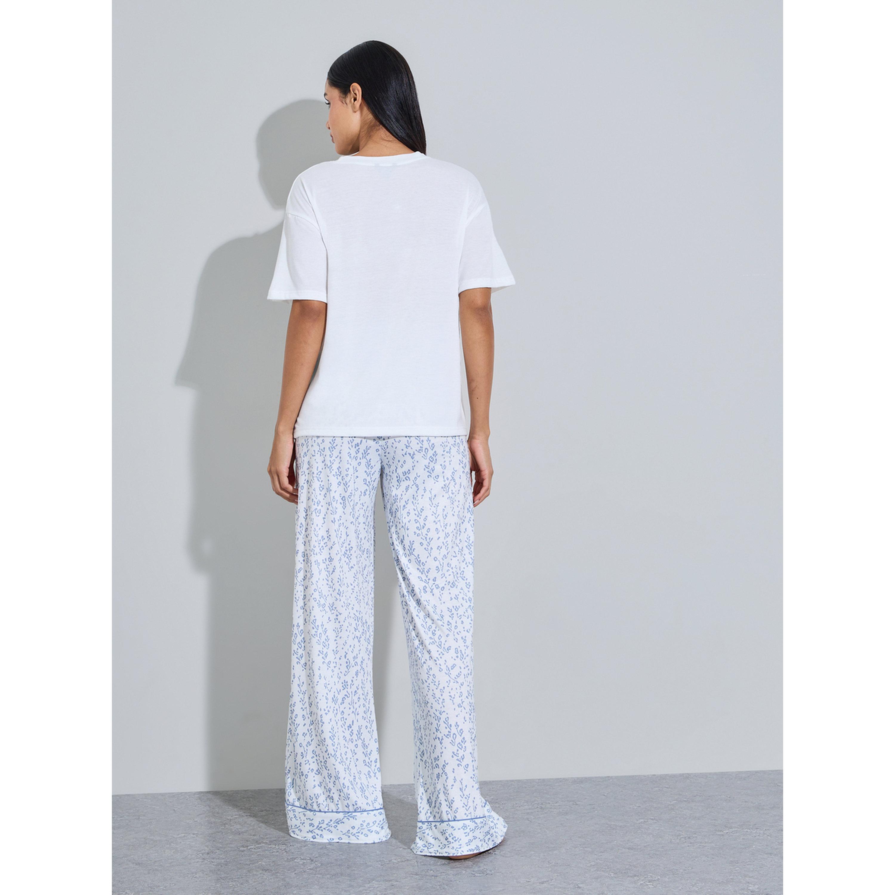 Styli White Floral Print T-Shirt and Wide Leg Pants Pyjama Set-women-clothing-nightwear-pyjamas-longsets-image-2