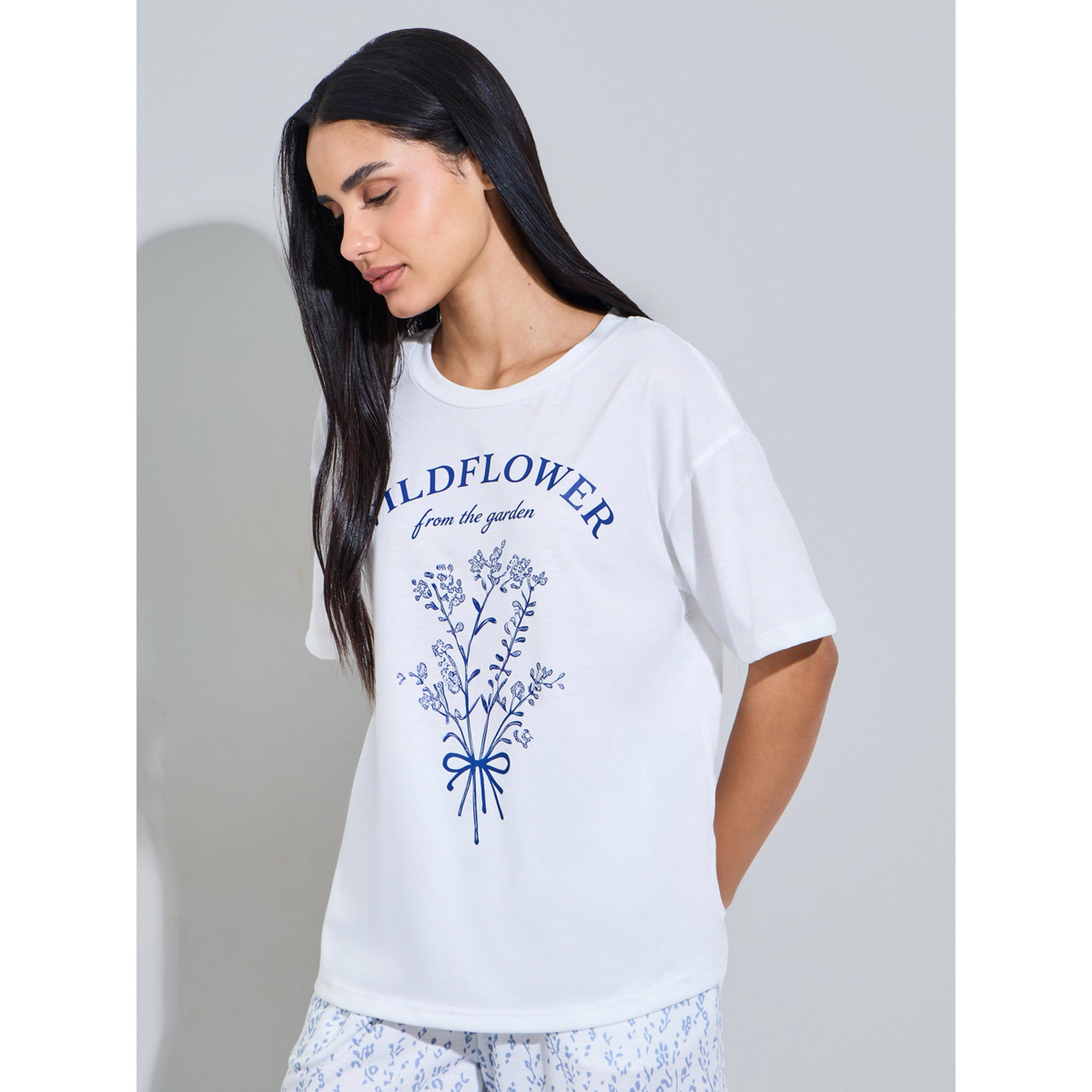 طقم بيجاما من بنطال بأرجل واسعة وتيشيرت بطبعة زهور باللون الأبيض-women-clothing-nightwear-pyjamas-longsets-image-3