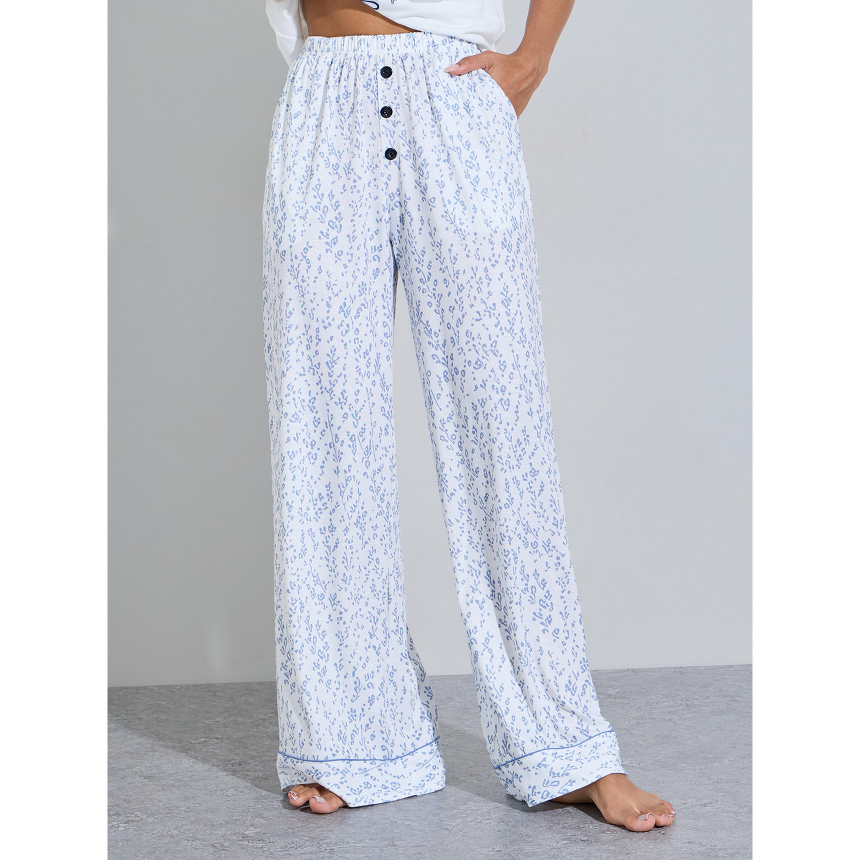 طقم بيجاما من بنطال بأرجل واسعة وتيشيرت بطبعة زهور باللون الأبيض-women-clothing-nightwear-pyjamas-longsets-image-5