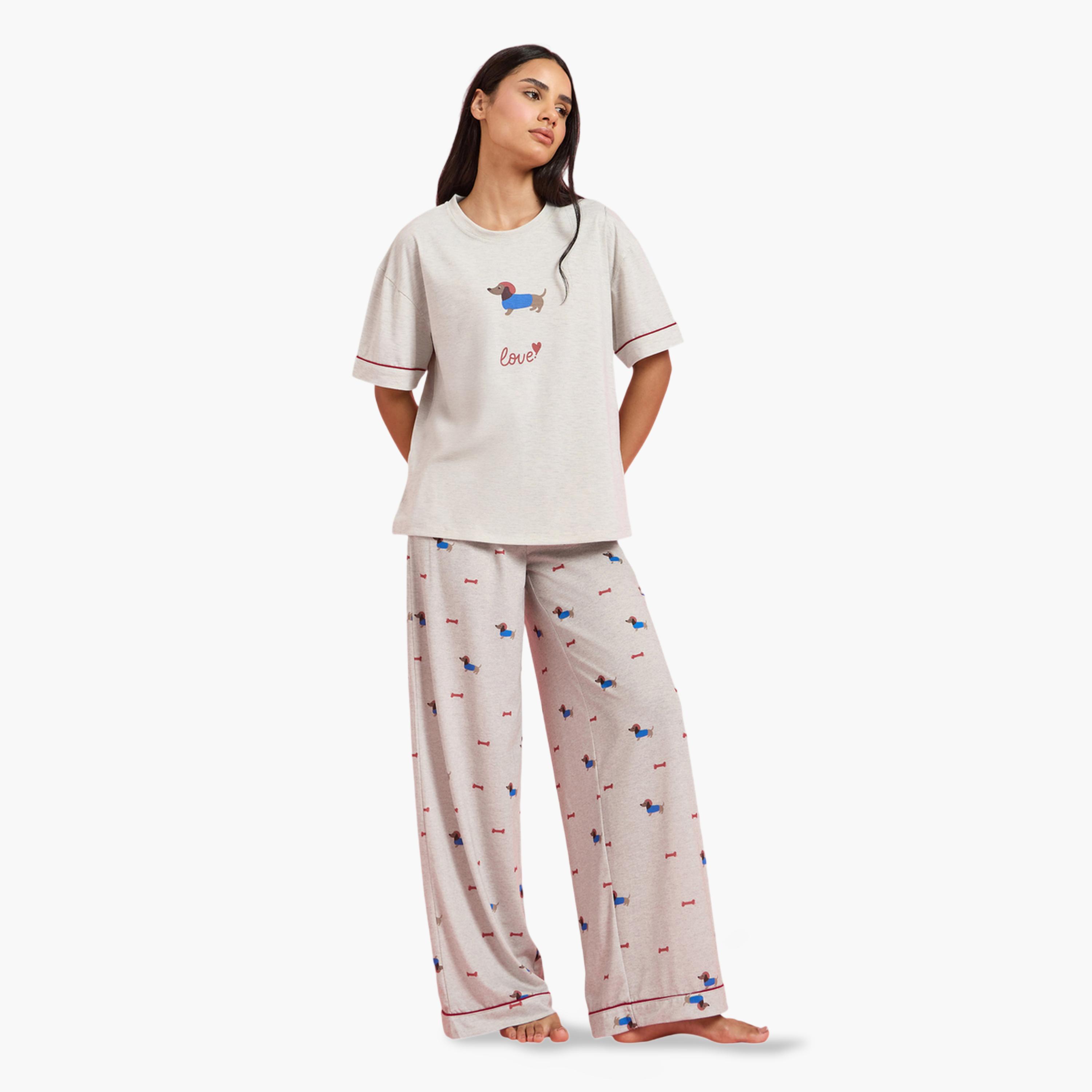 Styli Grey Printed T-Shirt and Wide Leg Pants Pyjama Set-women-clothing-nightwear-pyjamas-longsets-image-1