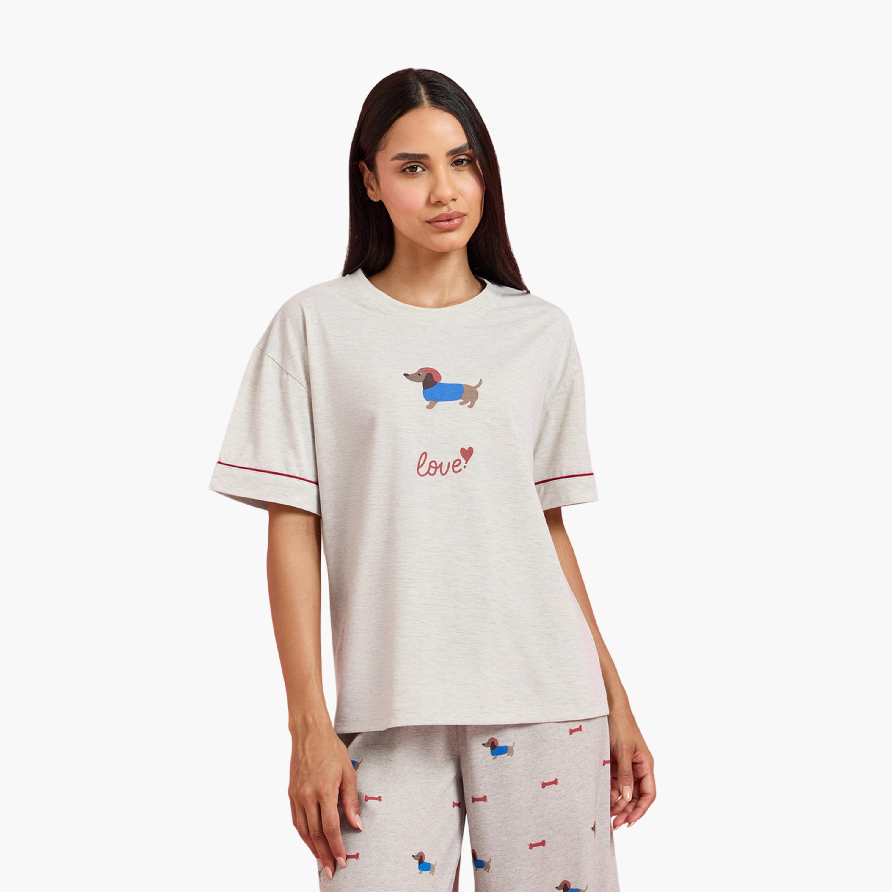 Styli Grey Printed T-Shirt and Wide Leg Pants Pyjama Set-women-clothing-nightwear-pyjamas-longsets-image-2