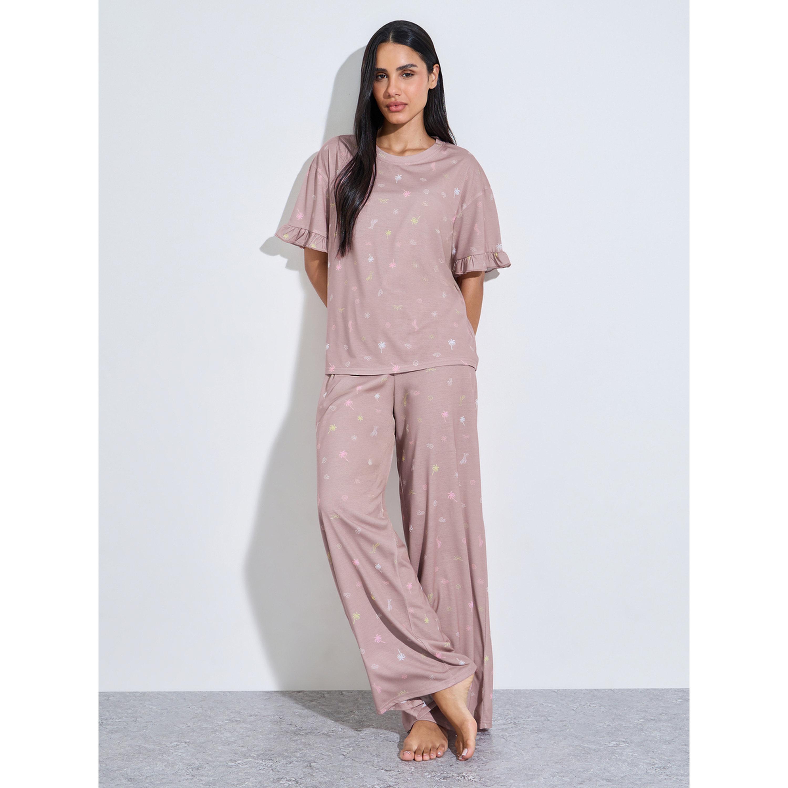 طقم بيجاما من بنطال بأرجل واسعة وتيشيرت بأكمام قصيرة وكشكش-women-clothing-nightwear-pyjamas-longsets-image-1