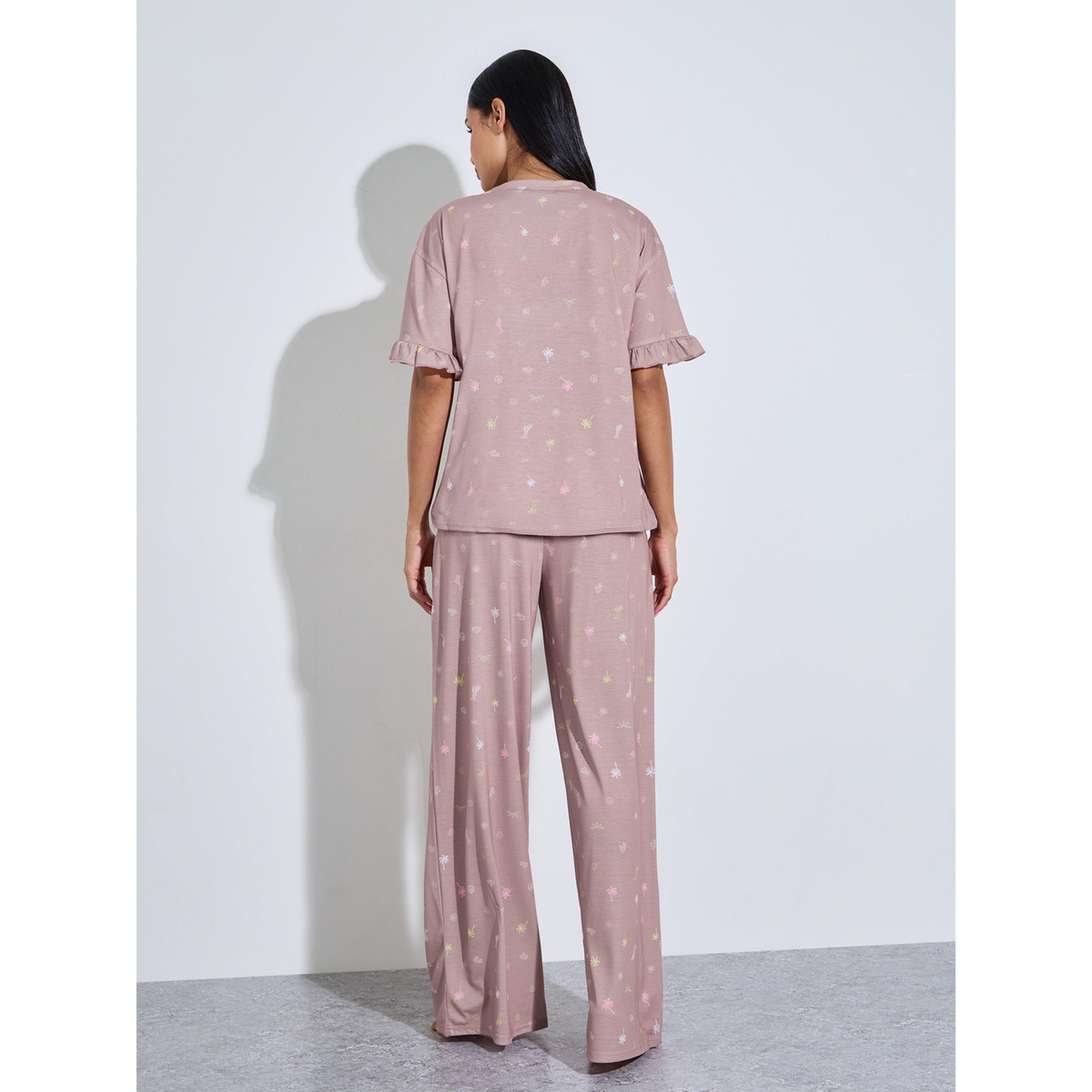 طقم بيجاما من بنطال بأرجل واسعة وتيشيرت بأكمام قصيرة وكشكش-women-clothing-nightwear-pyjamas-longsets-image-3