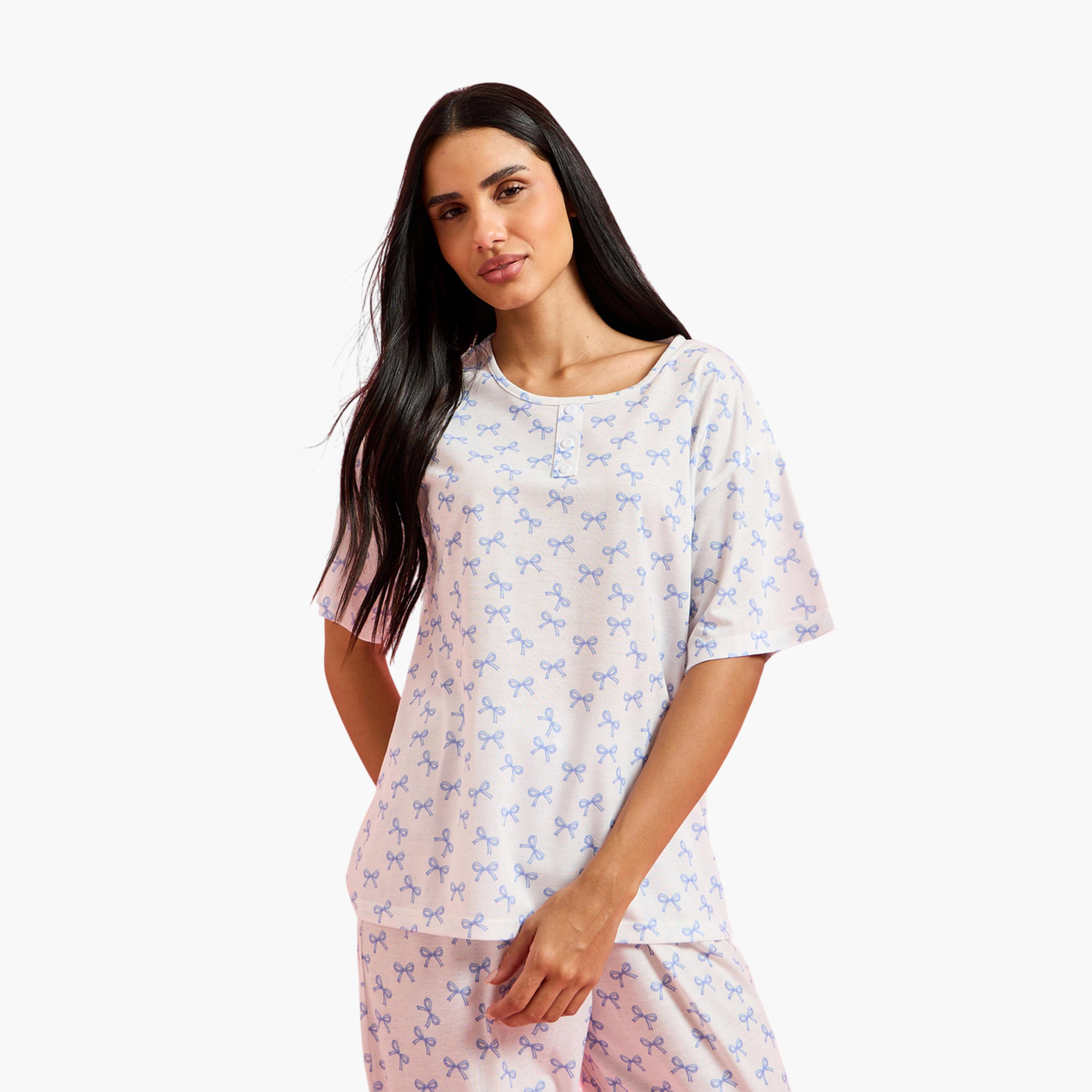 طقم بيجاما من بنطال وتيشيرت وطبعة عقدة بالكامل متعدد الألوان-women-clothing-nightwear-pyjamas-longsets-image-2