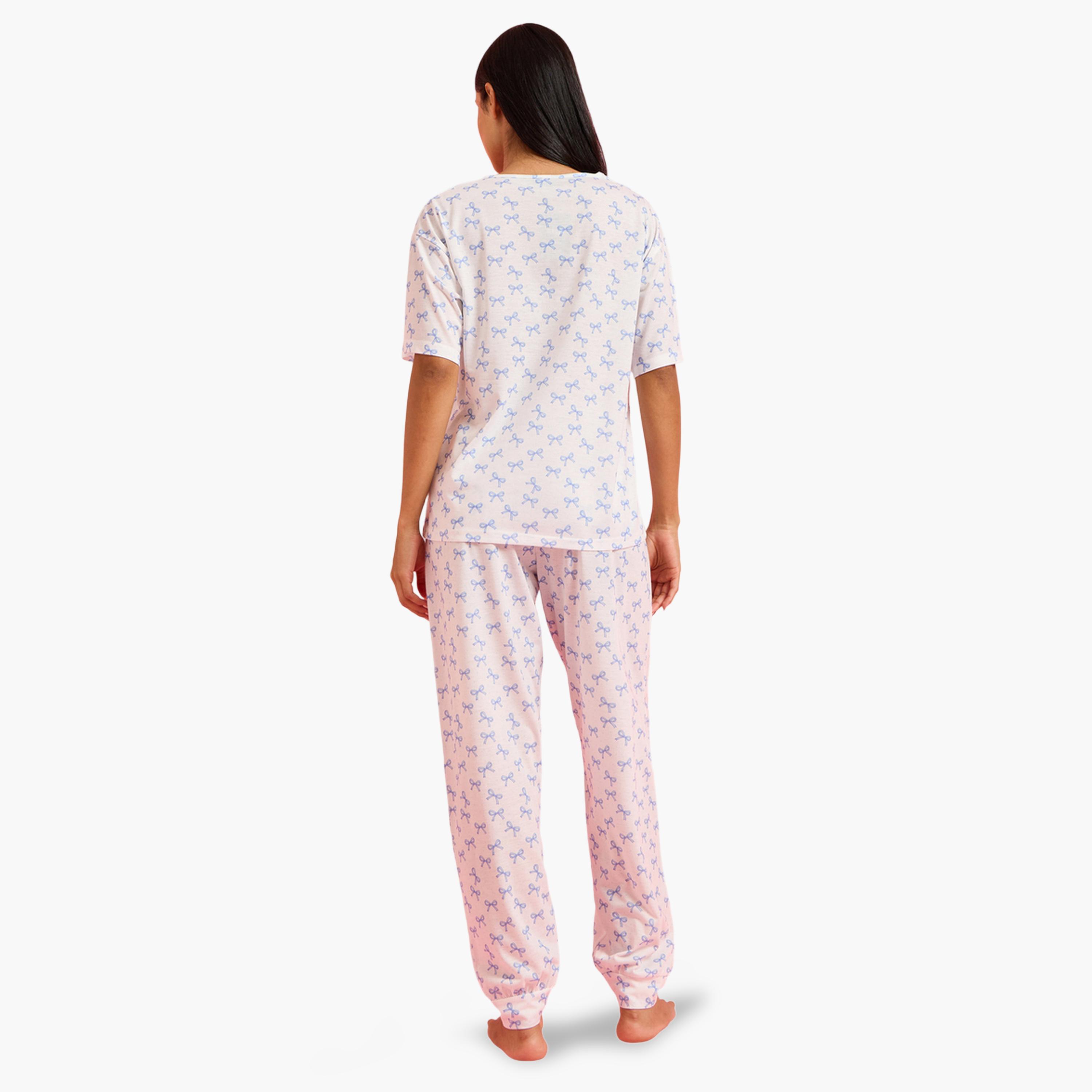 طقم بيجاما من بنطال وتيشيرت وطبعة عقدة بالكامل متعدد الألوان-women-clothing-nightwear-pyjamas-longsets-image-3