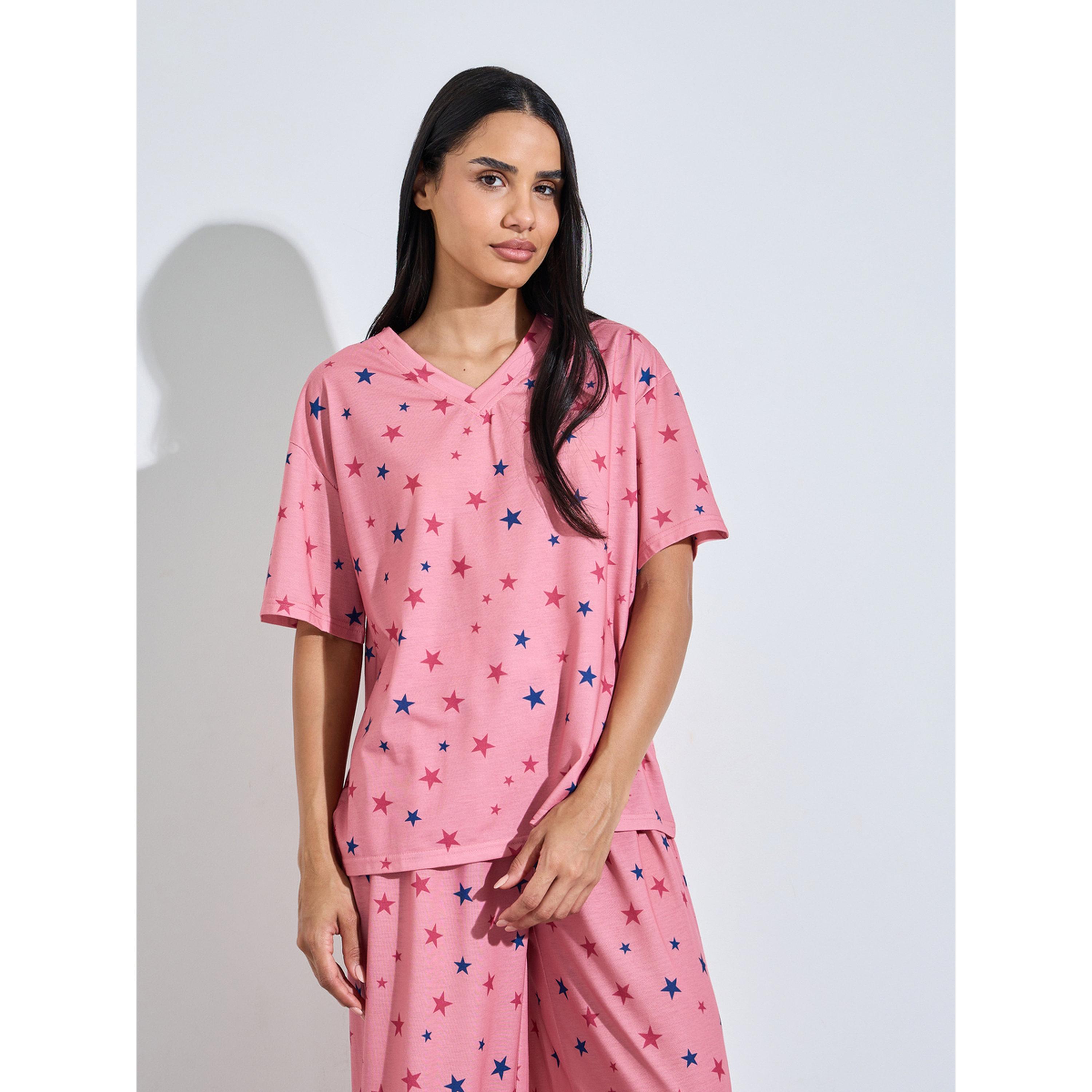 طقم بيجاما من بنطال بأرجل واسعة وتيشيرت وطبعة نجوم كاملة باللون الوردي-women-clothing-nightwear-pyjamas-longsets-image-2