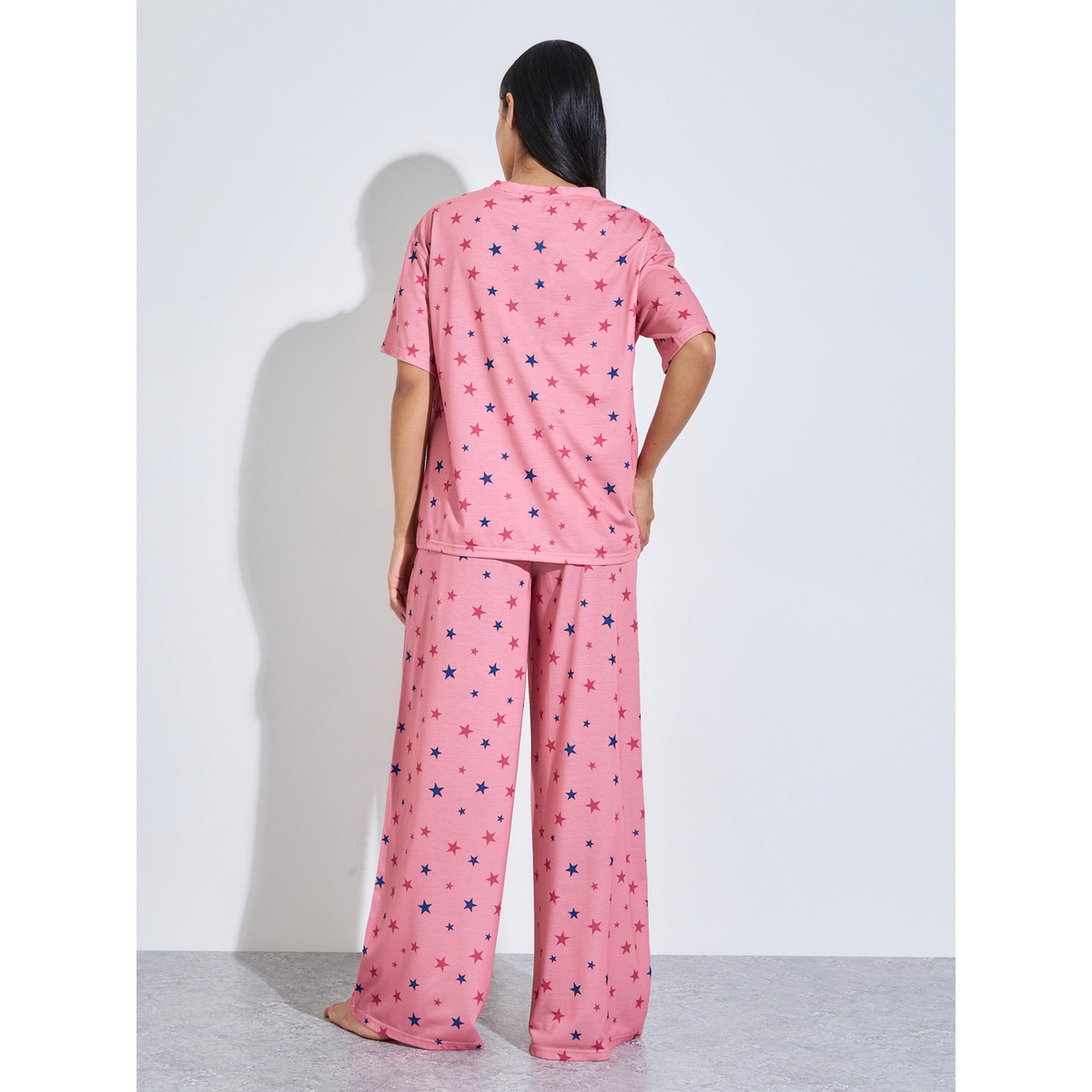 طقم بيجاما من بنطال بأرجل واسعة وتيشيرت وطبعة نجوم كاملة باللون الوردي-women-clothing-nightwear-pyjamas-longsets-image-3