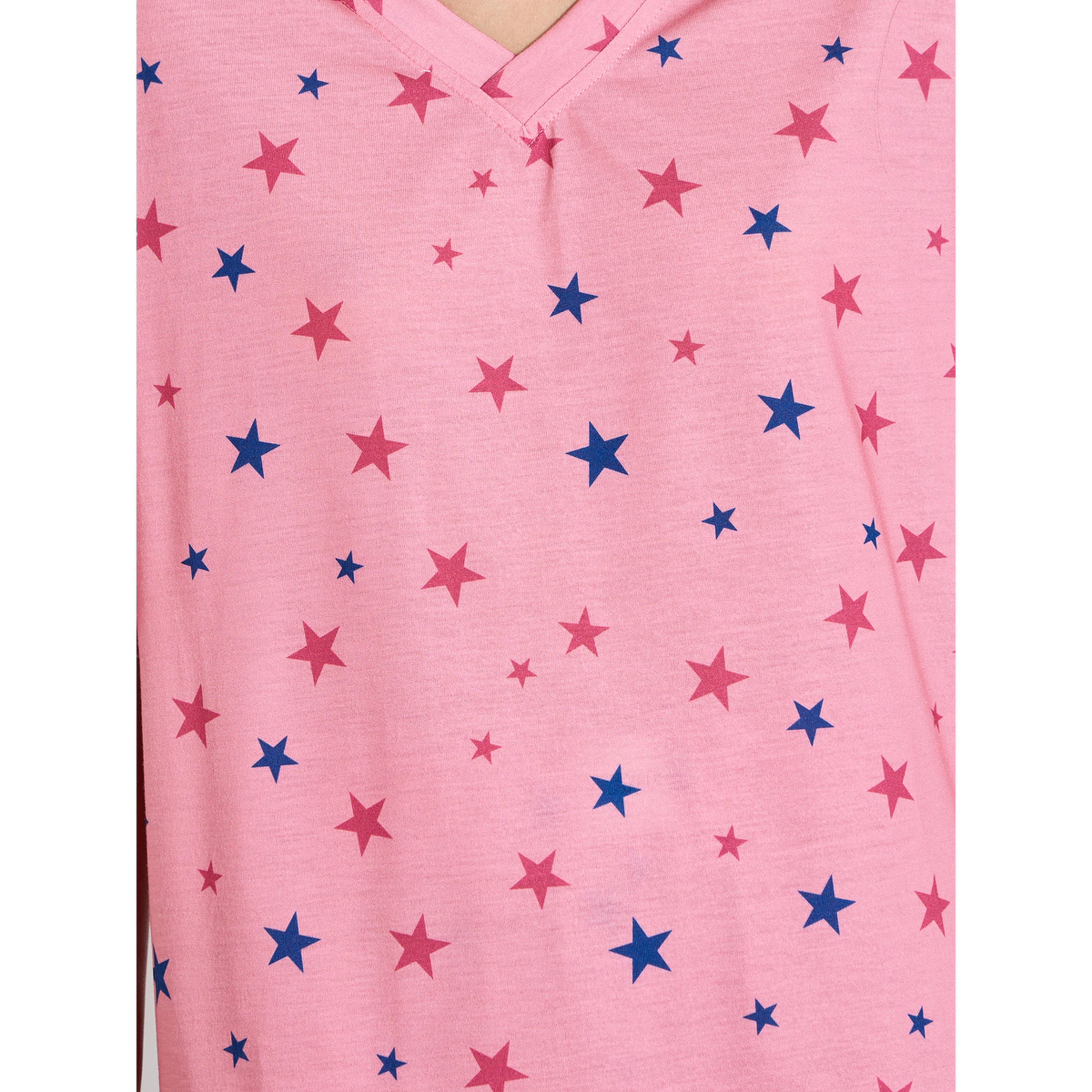 طقم بيجاما من بنطال بأرجل واسعة وتيشيرت وطبعة نجوم كاملة باللون الوردي-women-clothing-nightwear-pyjamas-longsets-image-4