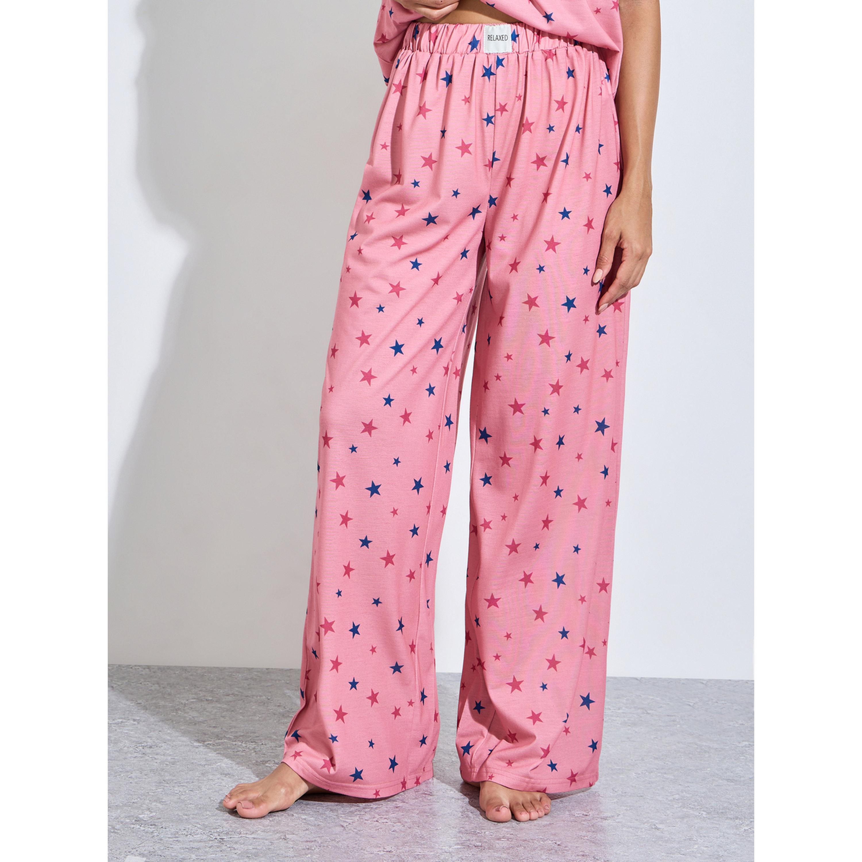 طقم بيجاما من بنطال بأرجل واسعة وتيشيرت وطبعة نجوم كاملة باللون الوردي-women-clothing-nightwear-pyjamas-longsets-image-5