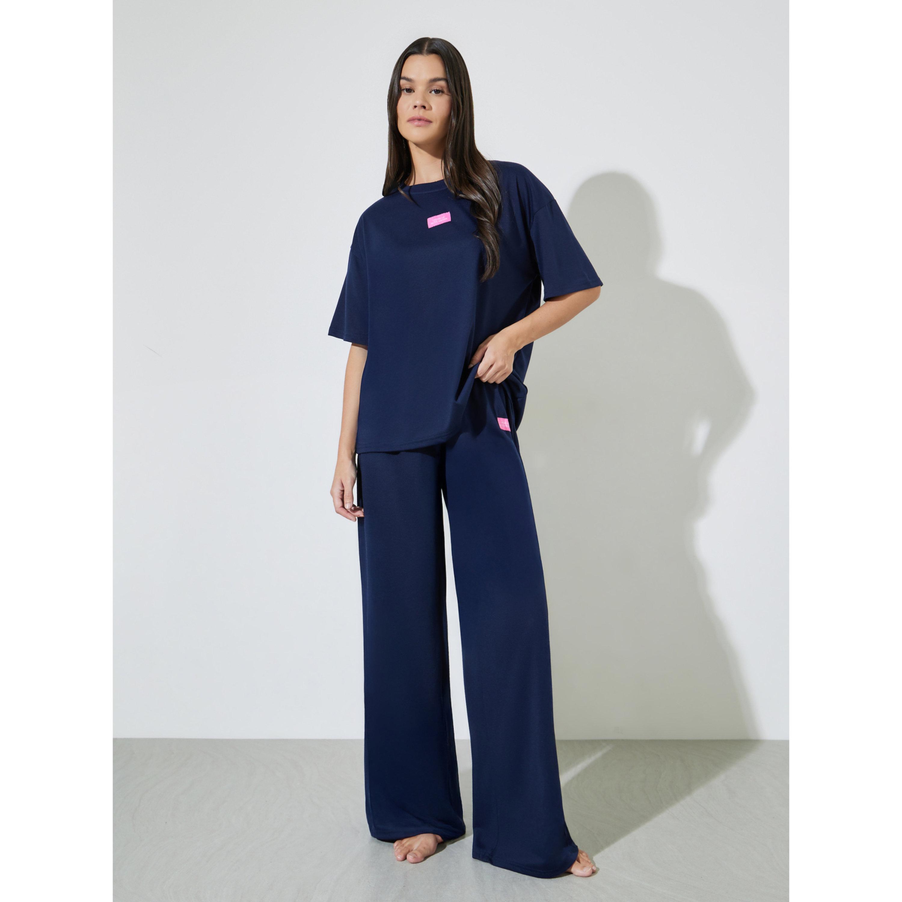 Styli Navy Patch Detail Drop Shoulder T-Shirt and Wide Leg Pyjama Set-women-clothing-nightwear-pyjamas-longsets-image-1